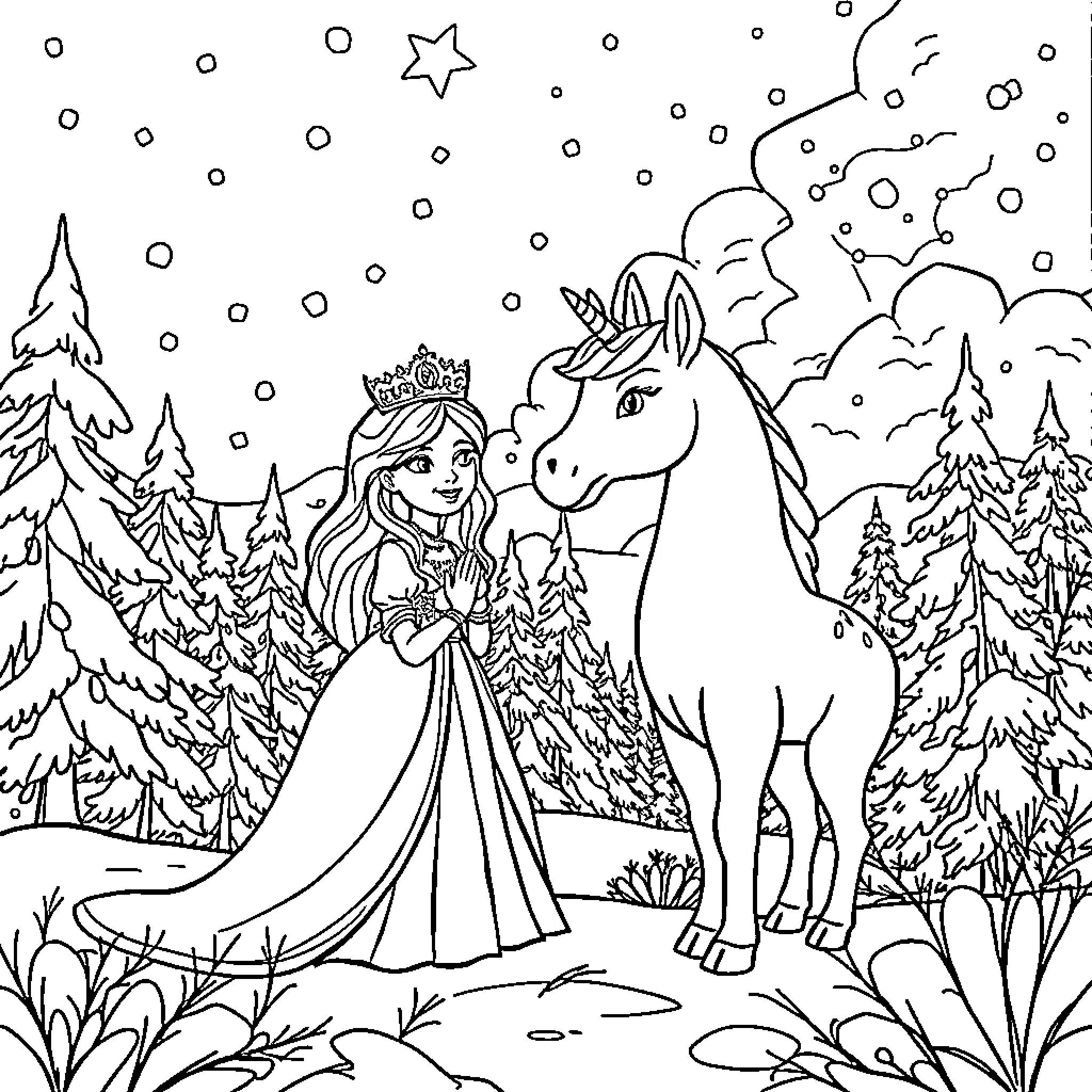 Reine des Neiges: Princess and Unicorn in Winter Wonderland Coloring Page (free black-and-white line drawing printable PDF for all, from beginners to advanced learners, including children, teens, adults, and seniors)