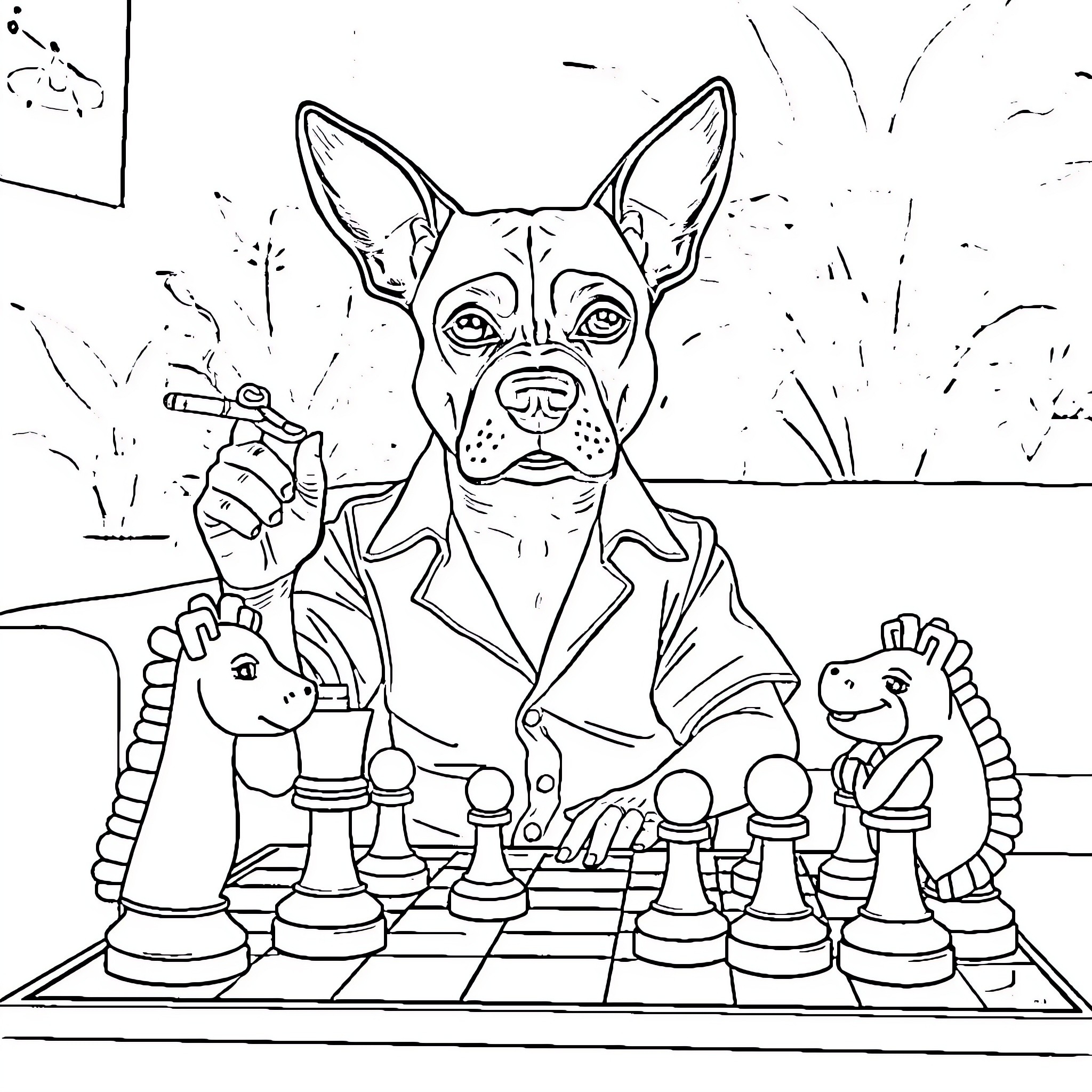 Dog playing chess with whimsical animal companions Coloring Page (free black-and-white line drawing printable PDF for all, from beginners to advanced learners, including children, teens, adults, and seniors)
