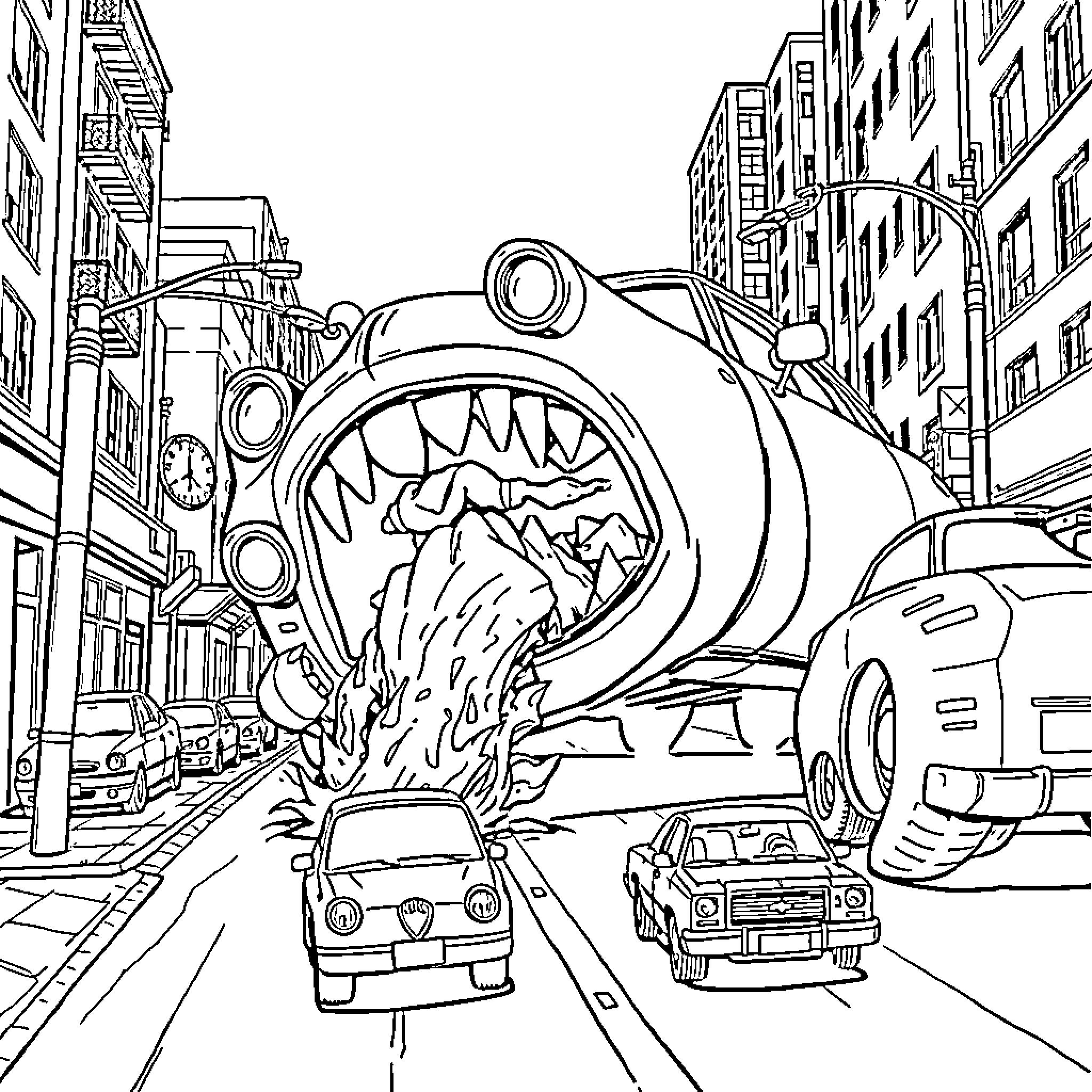Car Chaos in the City Streets Coloring Page (free black-and-white line drawing printable PDF for all, from beginners to advanced learners, including children, teens, adults, and seniors)