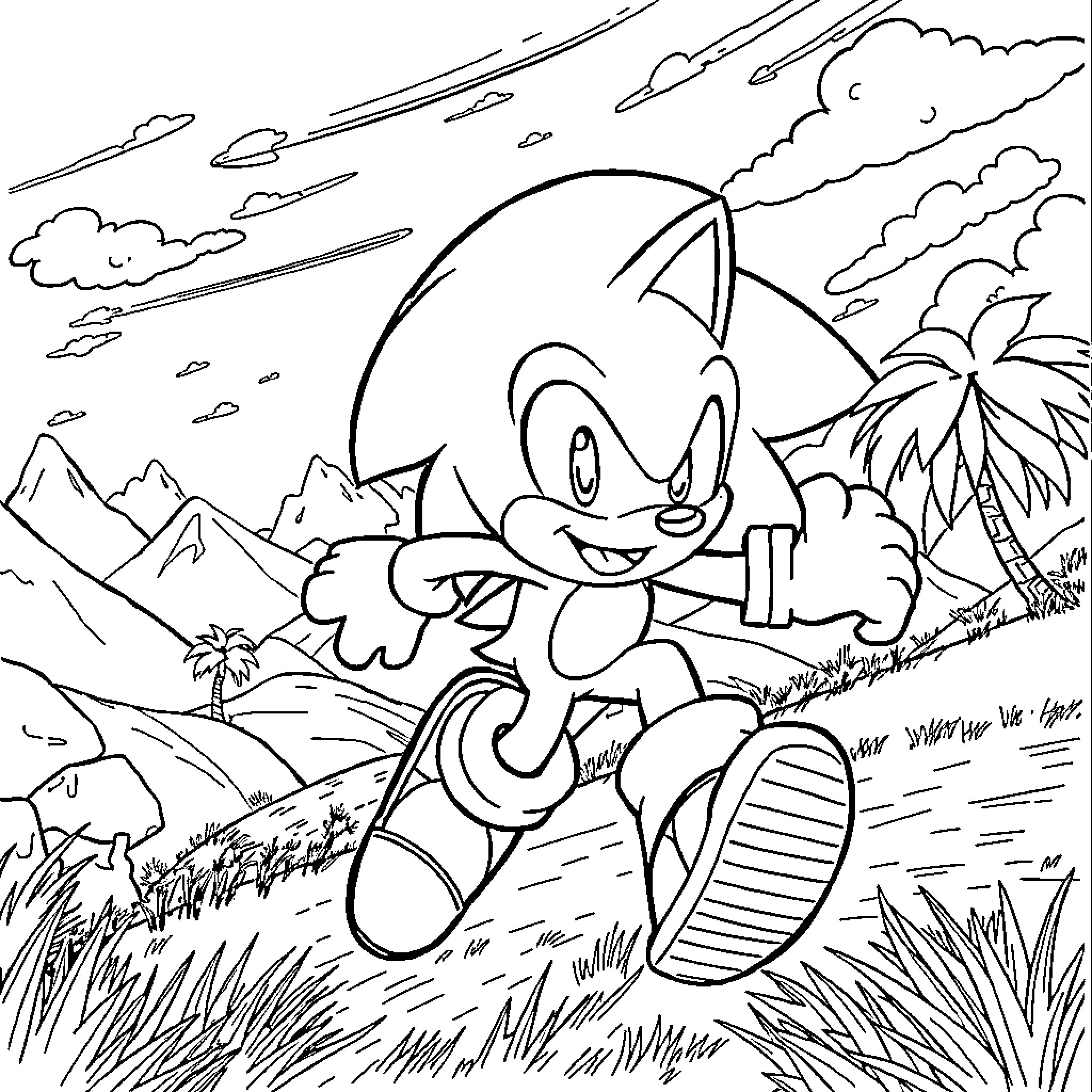 Sonic speeding through a scenic landscape Coloring Page (free black-and-white line drawing printable PDF for all, from beginners to advanced learners, including children, teens, adults, and seniors)