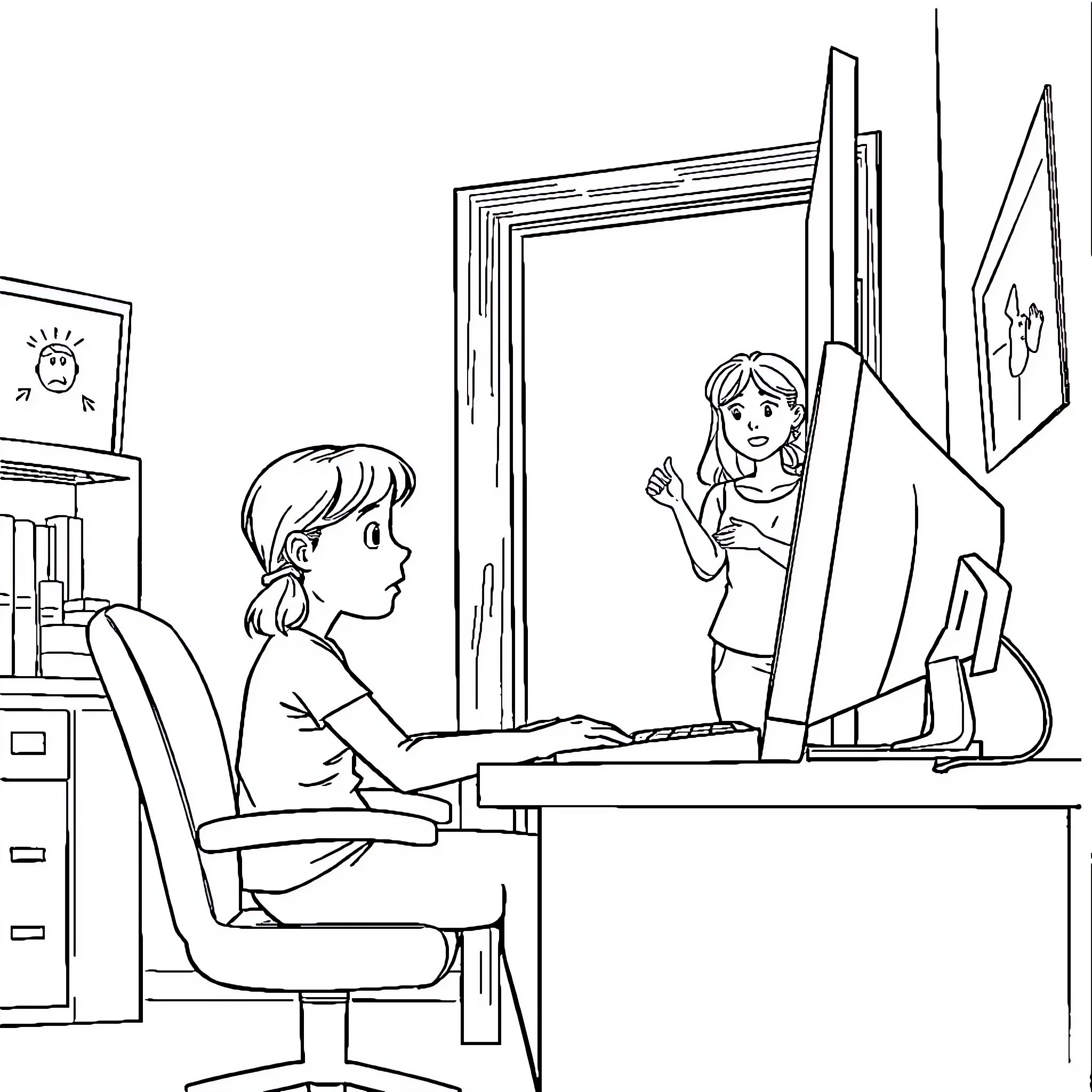 Girl working on computer while another girl stands nearby Coloring Page (free black-and-white line drawing printable PDF for all, from beginners to advanced learners, including children, teens, adults, and seniors)