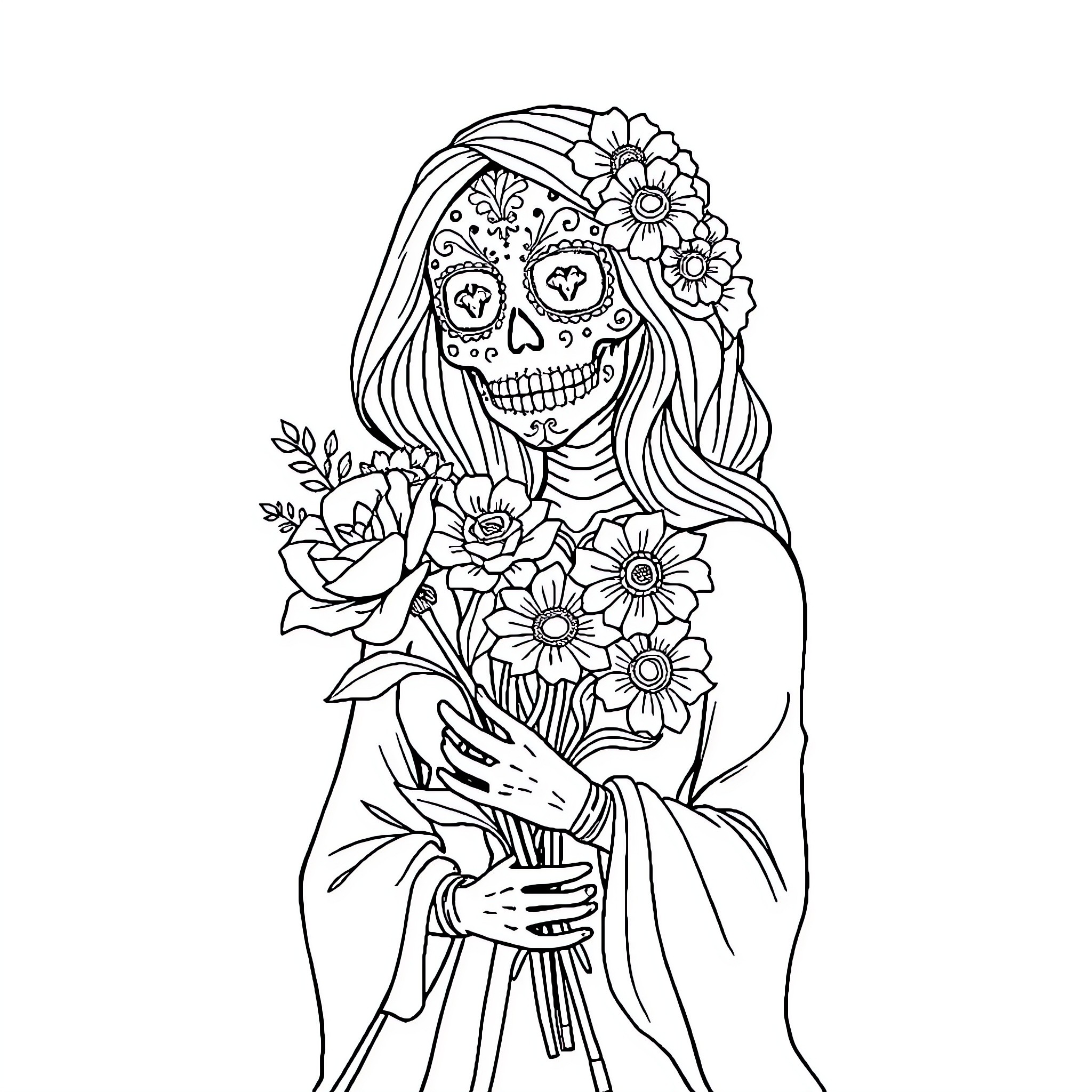 Sugar Skull Portrait with Floral Accents Coloring Page (free black-and-white line drawing printable PDF for all, from beginners to advanced learners, including children, teens, adults, and seniors)