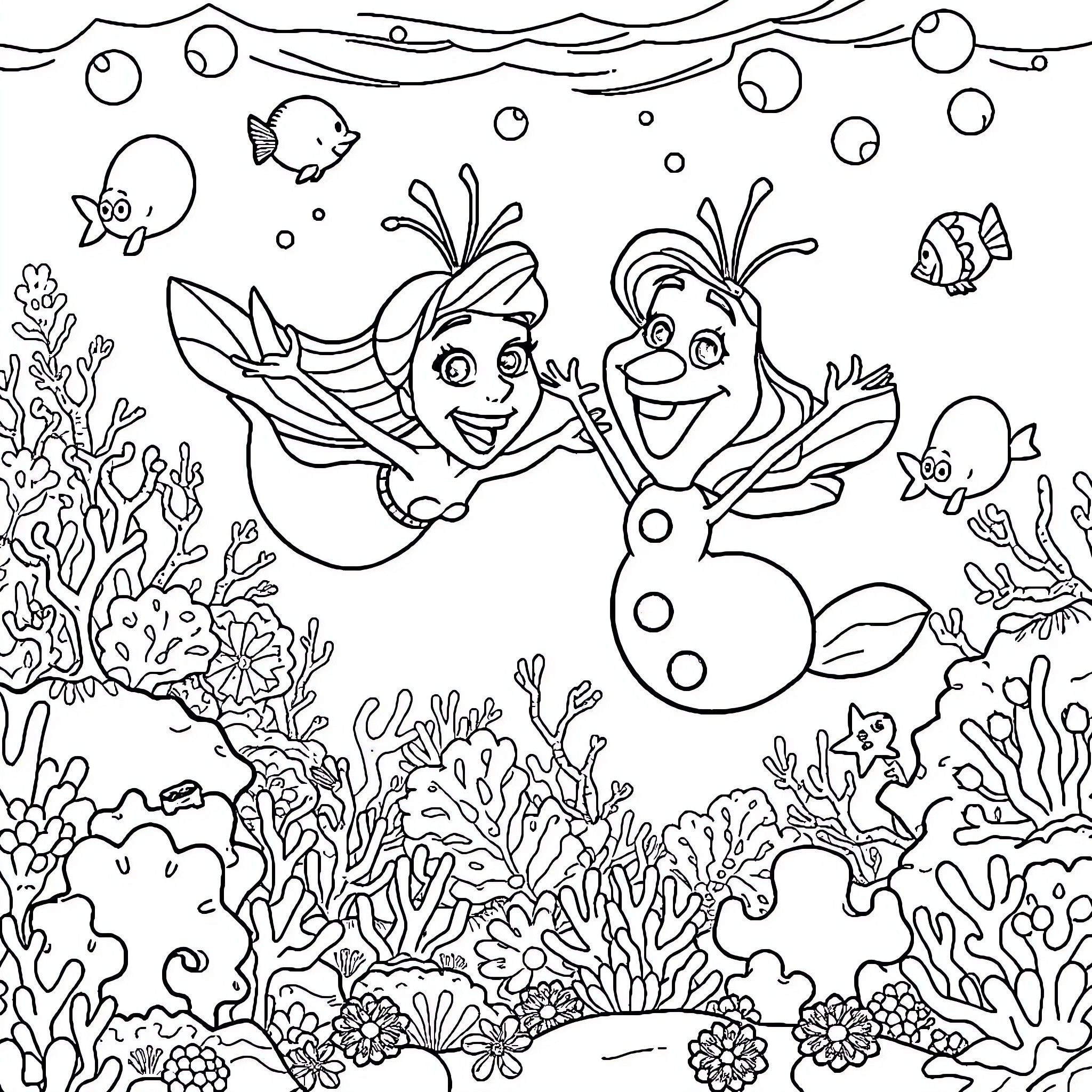 Mermaid and Snowman Playing in the Underwater Coral Reef Coloring Page (free black-and-white line drawing printable PDF for all, from beginners to advanced learners, including children, teens, adults, and seniors)
