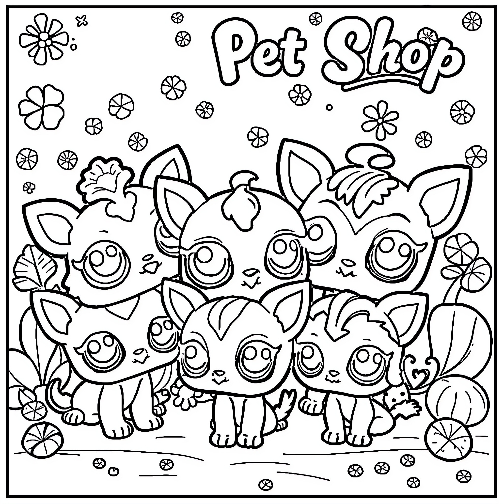 Playful Pets at the Pet Shop Coloring Page (free black-and-white line drawing printable PDF for all, from beginners to advanced learners, including children, teens, adults, and seniors)