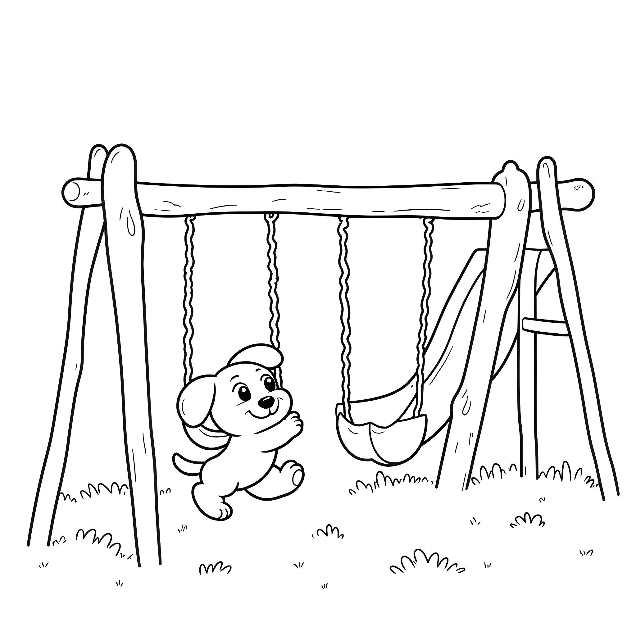 Puppy playing happily on a swing set Coloring Page (free black-and-white line drawing printable PDF for all, from beginners to advanced learners, including children, teens, adults, and seniors)