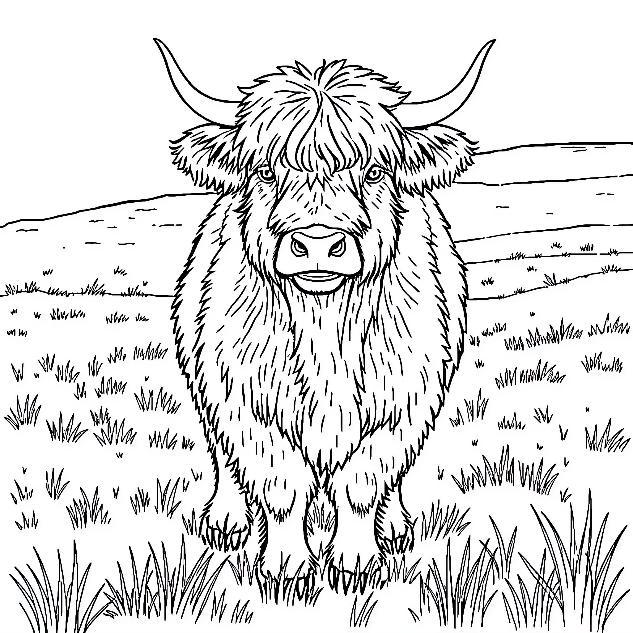 Highland Cow grazing peacefully in the meadow Coloring Page (free black-and-white line drawing printable PDF for all, from beginners to advanced learners, including children, teens, adults, and seniors)