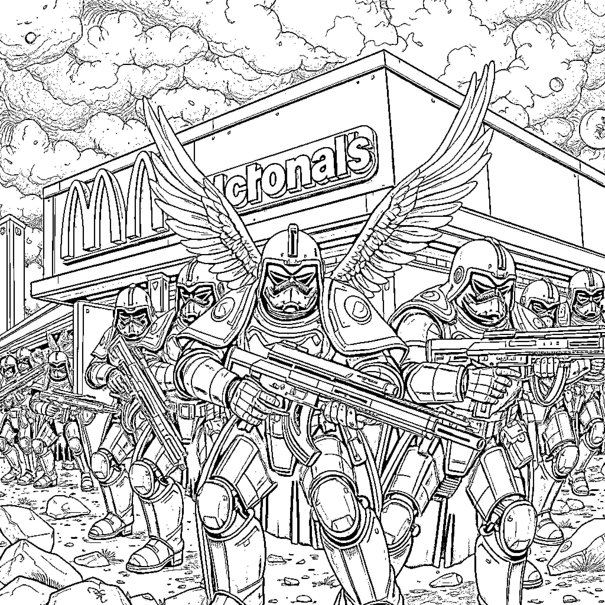 Angel Warriors Battle in a Futuristic City Coloring Page (free black-and-white line drawing printable PDF for all, from beginners to advanced learners, including children, teens, adults, and seniors)