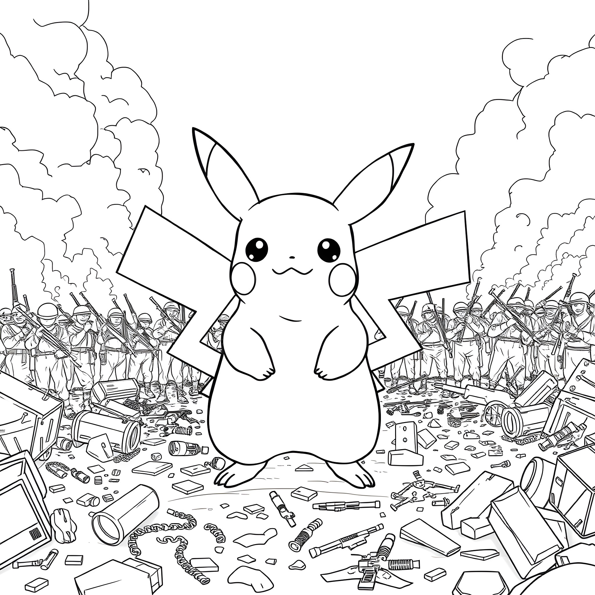 Pikachu amidst a chaotic scene Coloring Page (free black-and-white line drawing printable PDF for all, from beginners to advanced learners, including children, teens, adults, and seniors)