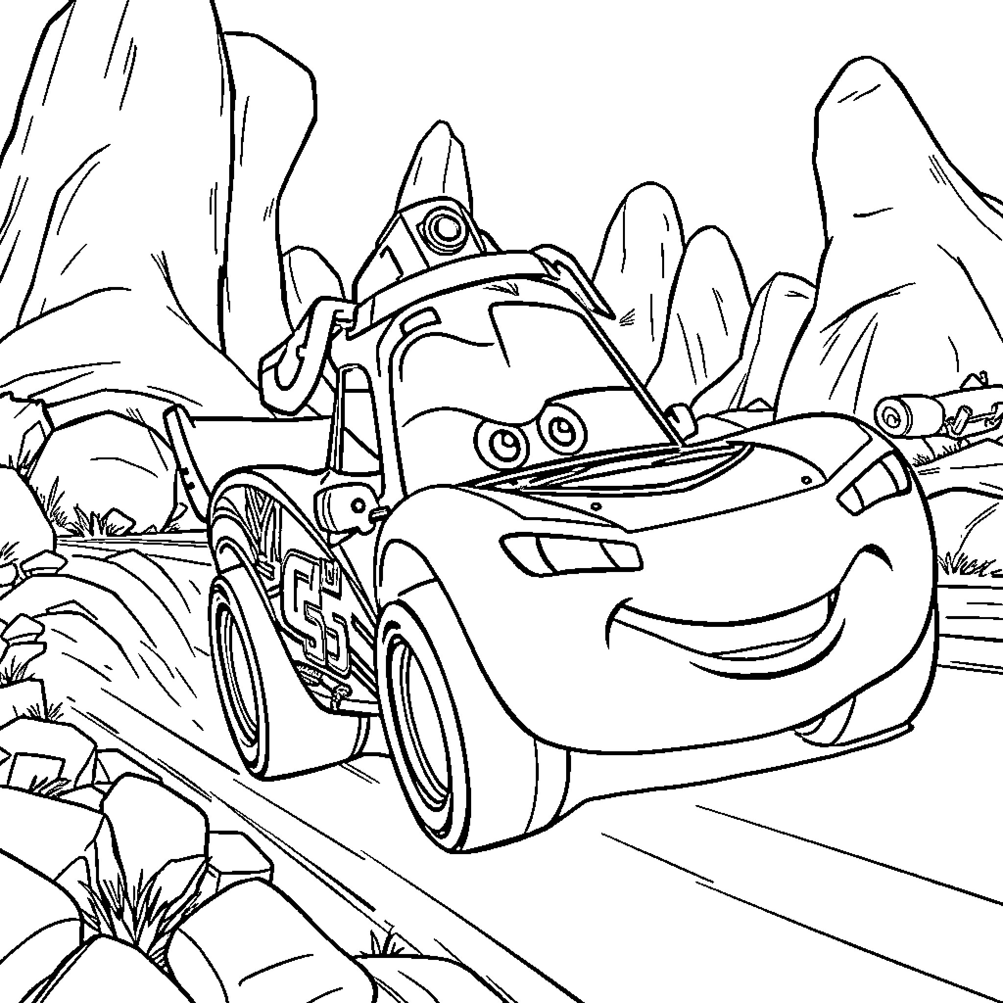 Lightning McQueen racing in the wilderness Coloring Page (free black-and-white line drawing printable PDF for all, from beginners to advanced learners, including children, teens, adults, and seniors)