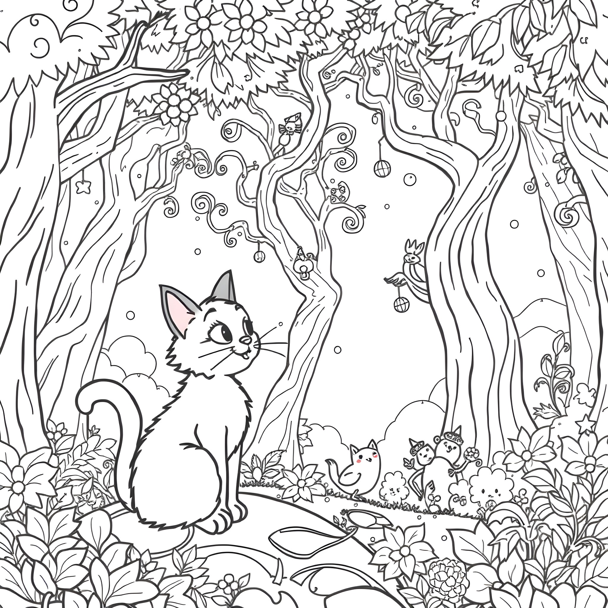 Cat exploring a magical forest Coloring Page (free black-and-white line drawing printable PDF for all, from beginners to advanced learners, including children, teens, adults, and seniors)