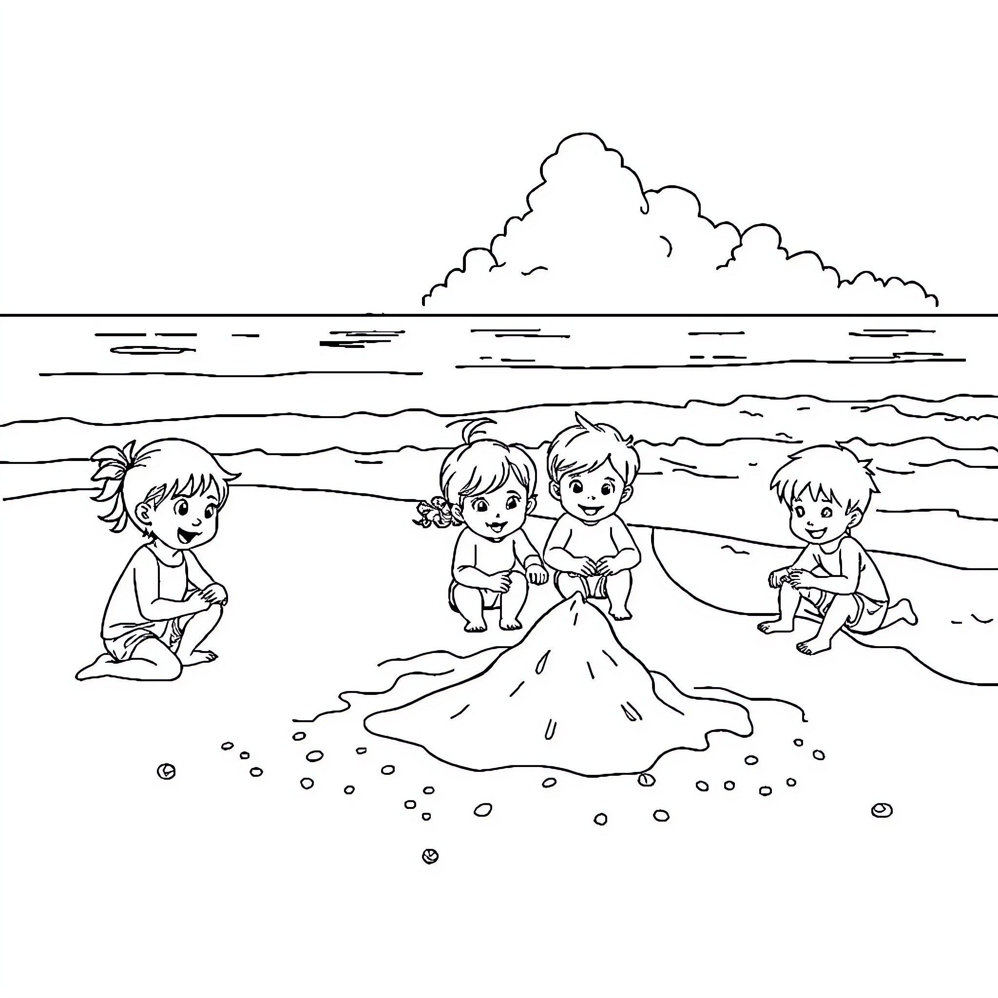 Child's beach adventure with friends Coloring Page (free black-and-white line drawing printable PDF for all, from beginners to advanced learners, including children, teens, adults, and seniors)
