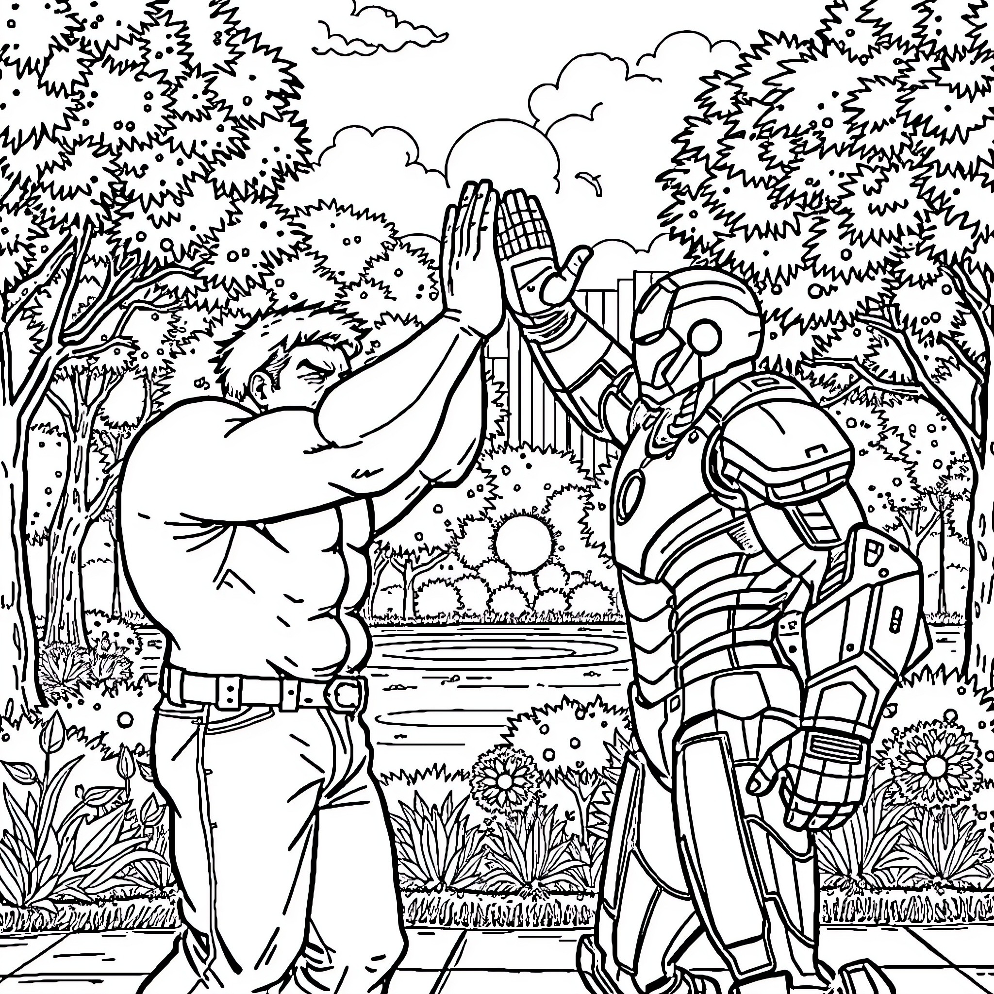 Hulk Buster facing off against a powerful foe in a lush environment Coloring Page (free black-and-white line drawing printable PDF for all, from beginners to advanced learners, including children, teens, adults, and seniors)