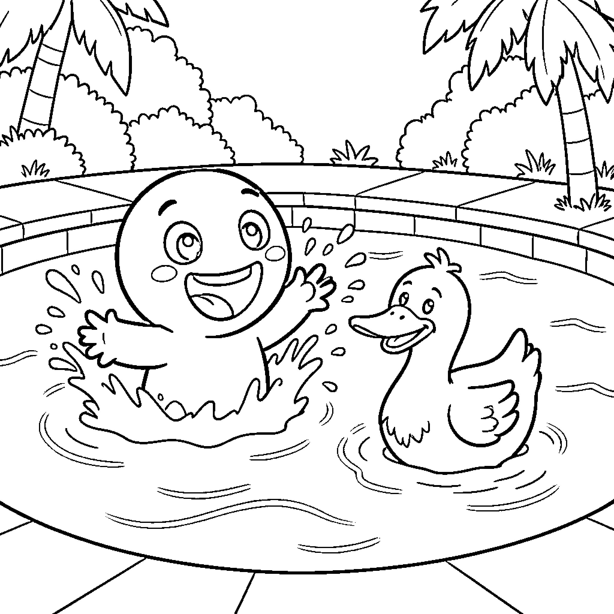 Pocoyo playing joyfully with a duck in the pond Coloring Page (free black-and-white line drawing printable PDF for all, from beginners to advanced learners, including children, teens, adults, and seniors)