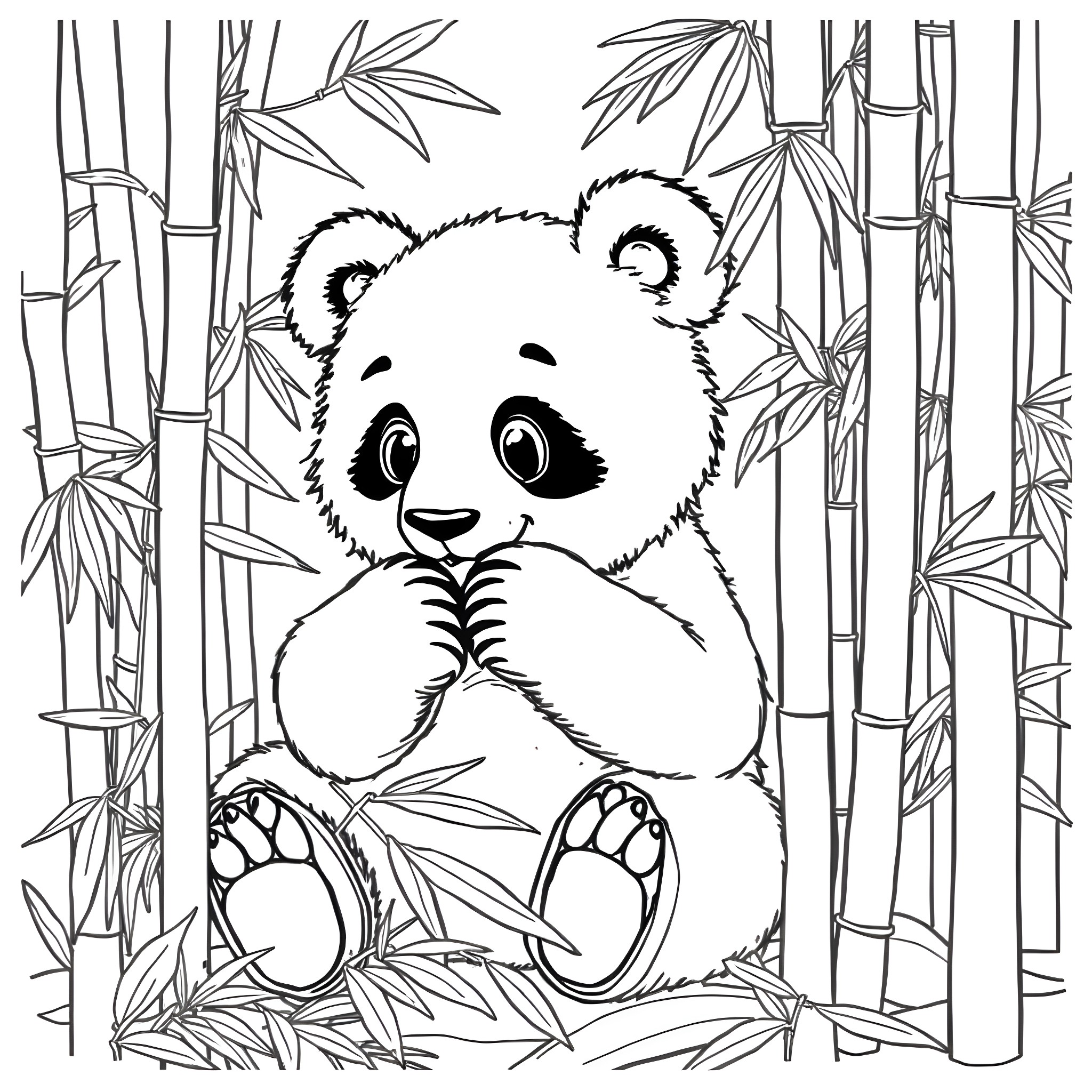 Panda sitting peacefully in bamboo forest Coloring Page (free black-and-white line drawing printable PDF for all, from beginners to advanced learners, including children, teens, adults, and seniors)