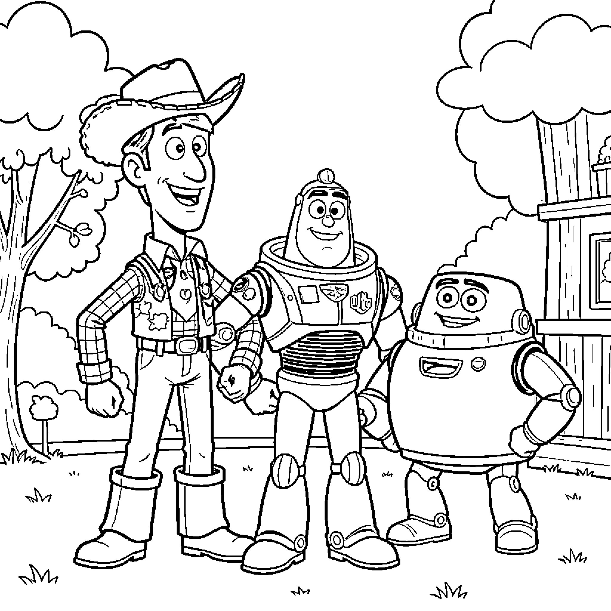 Woody and friends standing together smiling Coloring Page (free black-and-white line drawing printable PDF for all, from beginners to advanced learners, including children, teens, adults, and seniors)