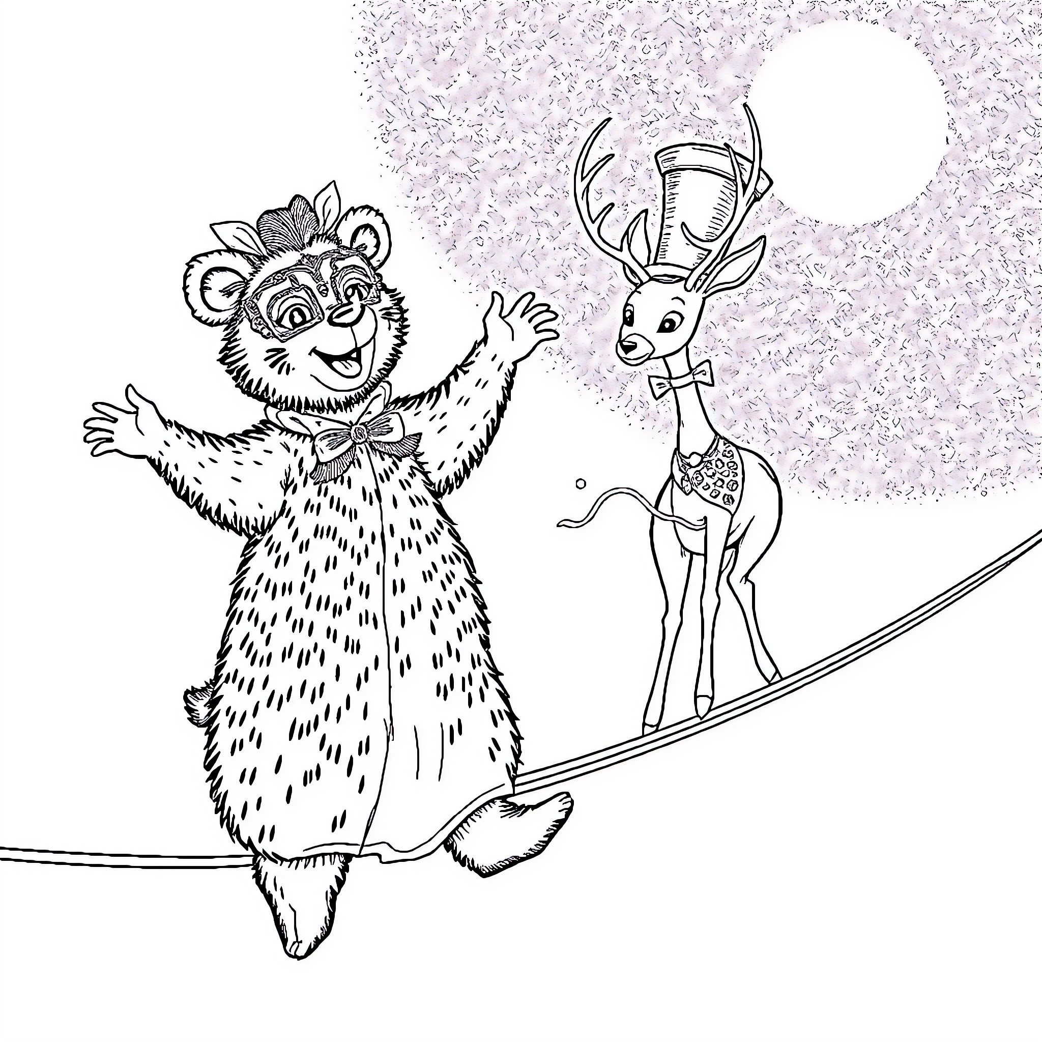 Bear joyfully greeting deer in winter wonderland Coloring Page (free black-and-white line drawing printable PDF for all, from beginners to advanced learners, including children, teens, adults, and seniors)