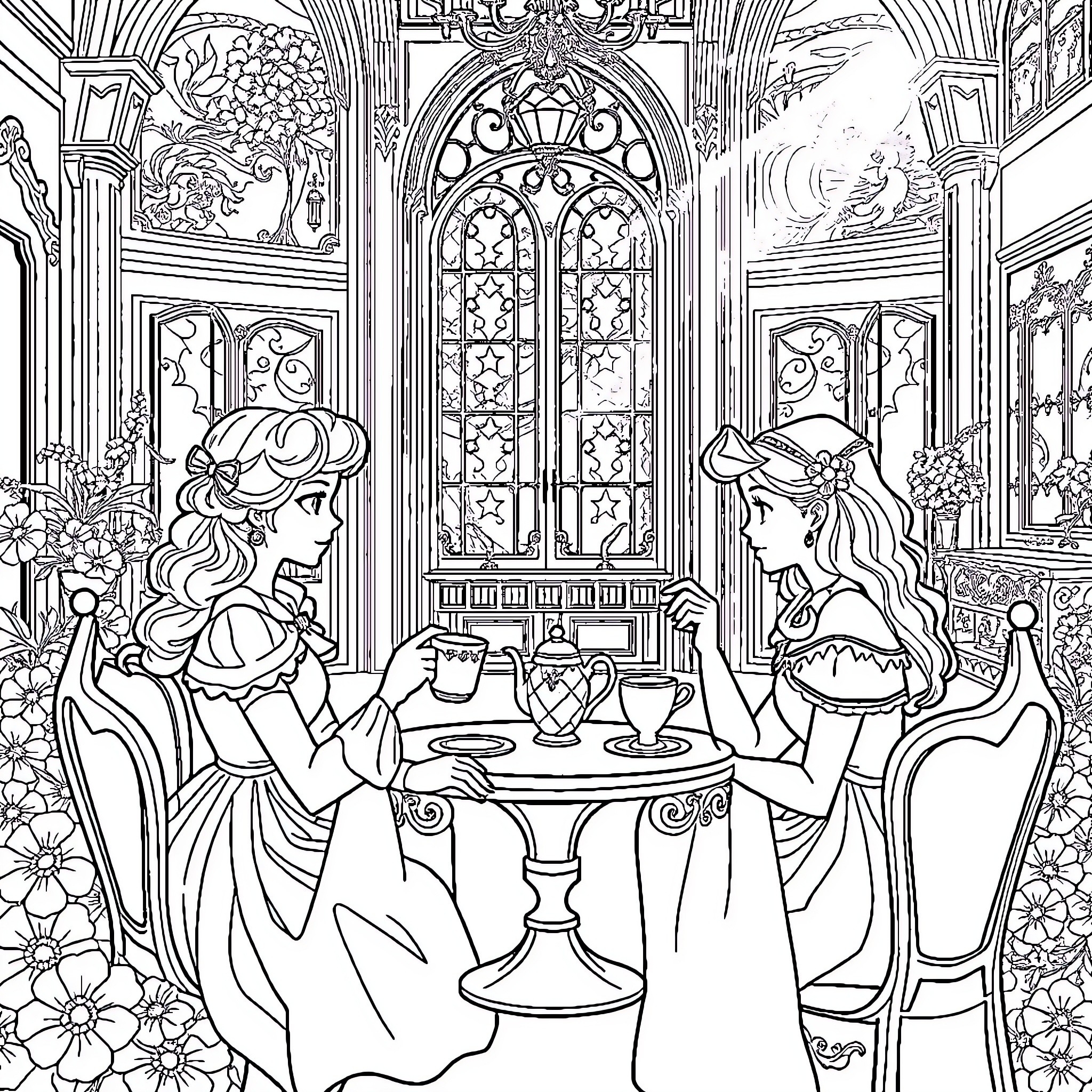 Snow White enjoying tea time with a friend in a grand castle Coloring Page (free black-and-white line drawing printable PDF for all, from beginners to advanced learners, including children, teens, adults, and seniors)