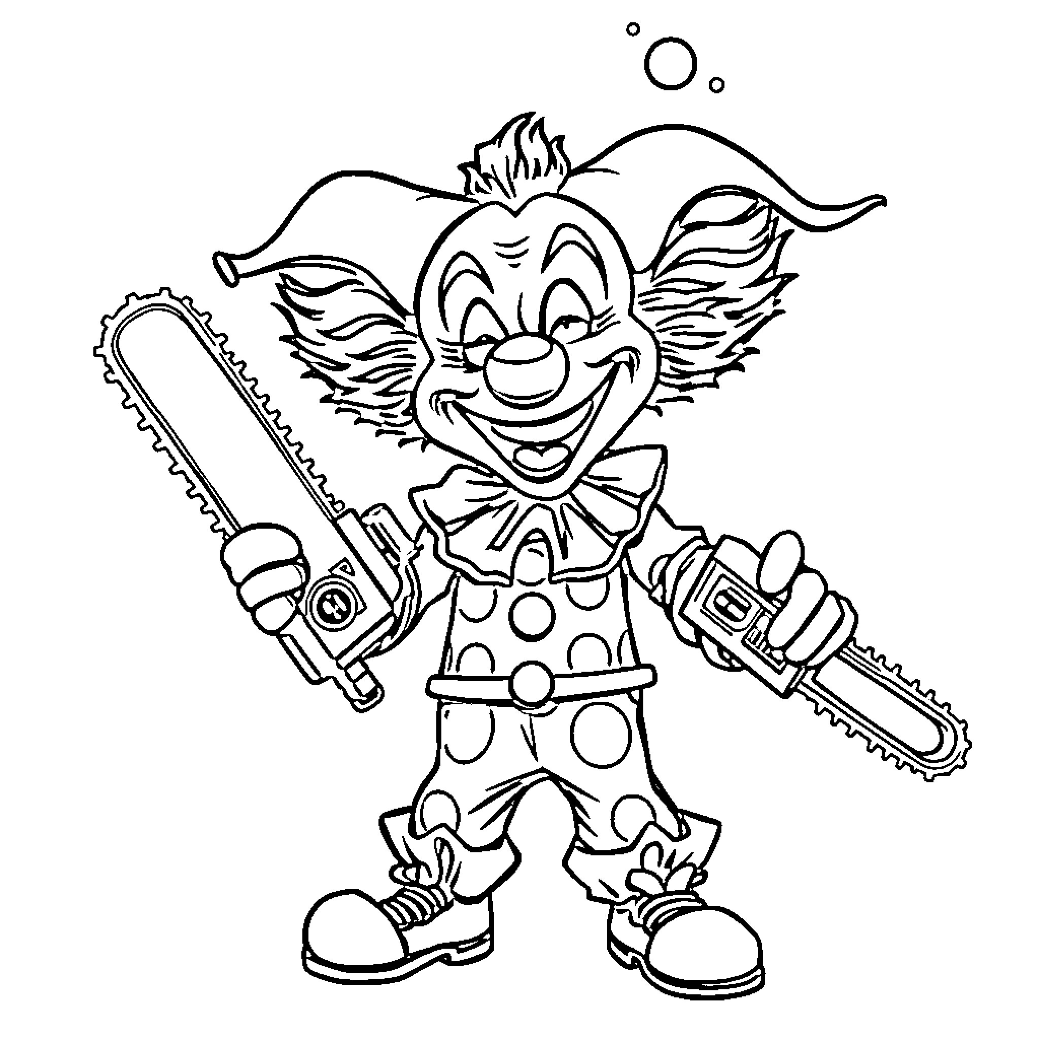 Clown with chainsaws gleefully posing Coloring Page (free black-and-white line drawing printable PDF for all, from beginners to advanced learners, including children, teens, adults, and seniors)
