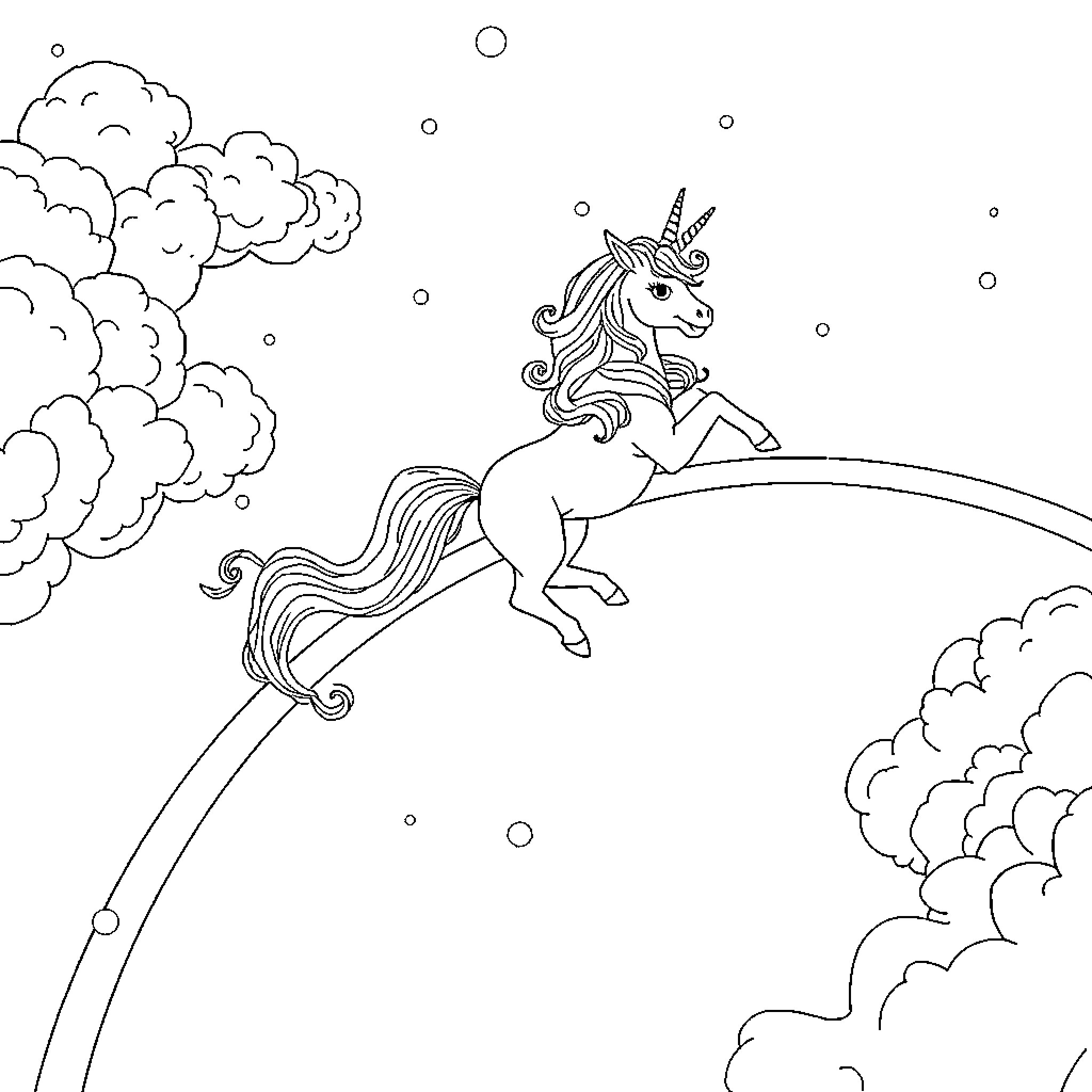Unicorn leaping gracefully among the clouds and stars Coloring Page (free black-and-white line drawing printable PDF for all, from beginners to advanced learners, including children, teens, adults, and seniors)