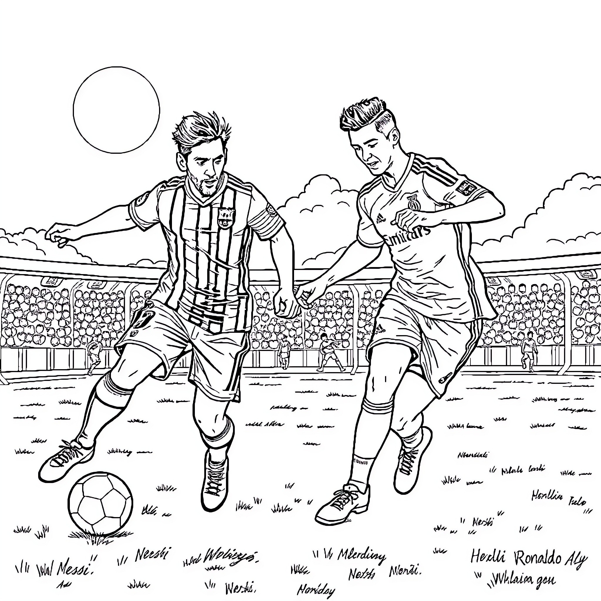 Football Players Competing on the Field Coloring Page (free black-and-white line drawing printable PDF for all, from beginners to advanced learners, including children, teens, adults, and seniors)