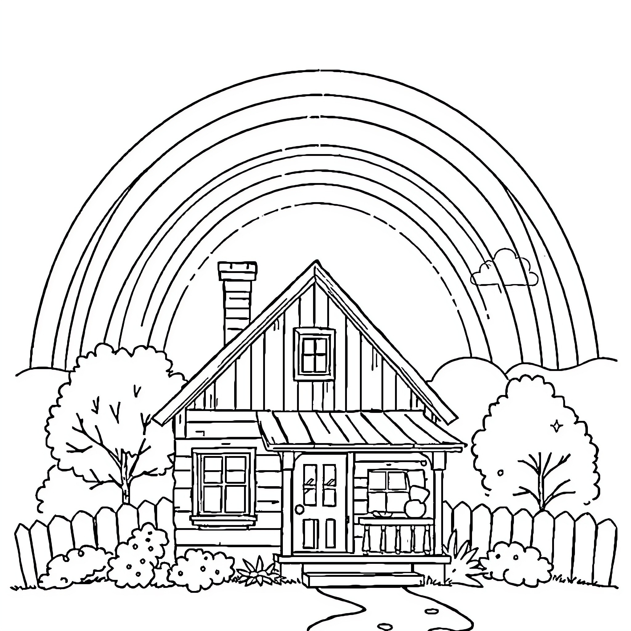 Rainbow Cabin in the Countryside Coloring Page (free black-and-white line drawing printable PDF for all, from beginners to advanced learners, including children, teens, adults, and seniors)