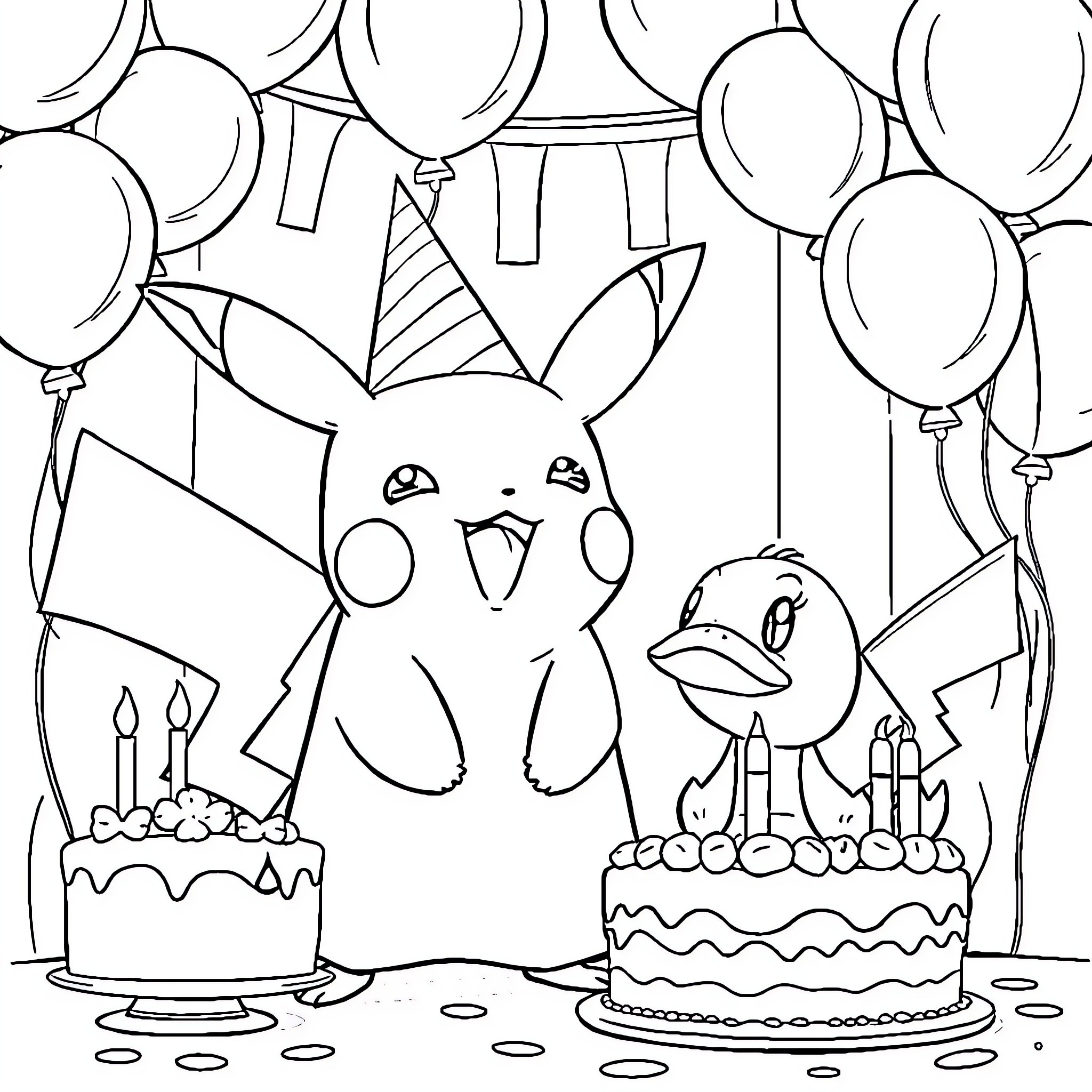 Pikachu and Psyduck celebrating a birthday party Coloring Page (free black-and-white line drawing printable PDF for all, from beginners to advanced learners, including children, teens, adults, and seniors)
