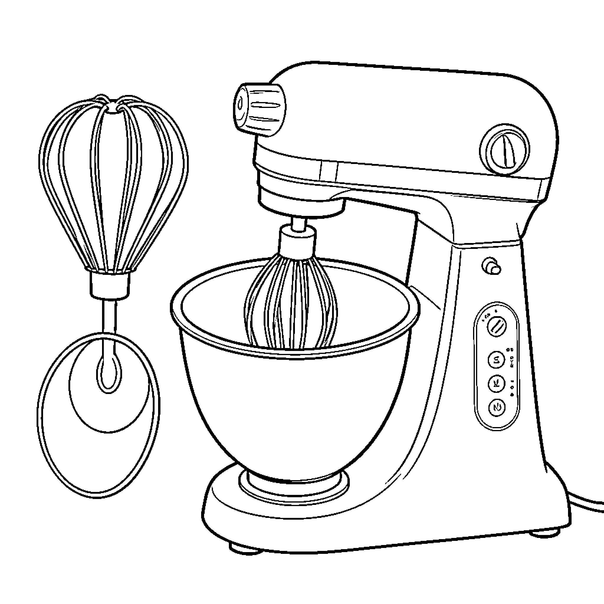 Food Mixer standing next to a whisk and ladle Coloring Page (free black-and-white line drawing printable PDF for all, from beginners to advanced learners, including children, teens, adults, and seniors)
