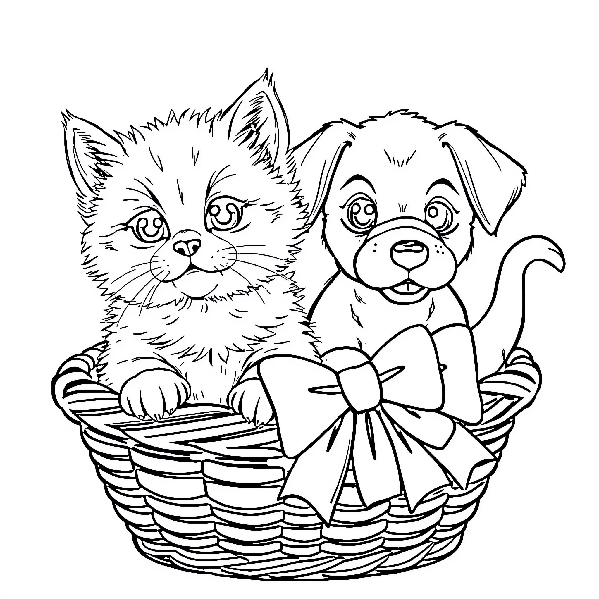 Kitten and Puppy in Basket Coloring Page (free black-and-white line drawing printable PDF for all, from beginners to advanced learners, including children, teens, adults, and seniors)