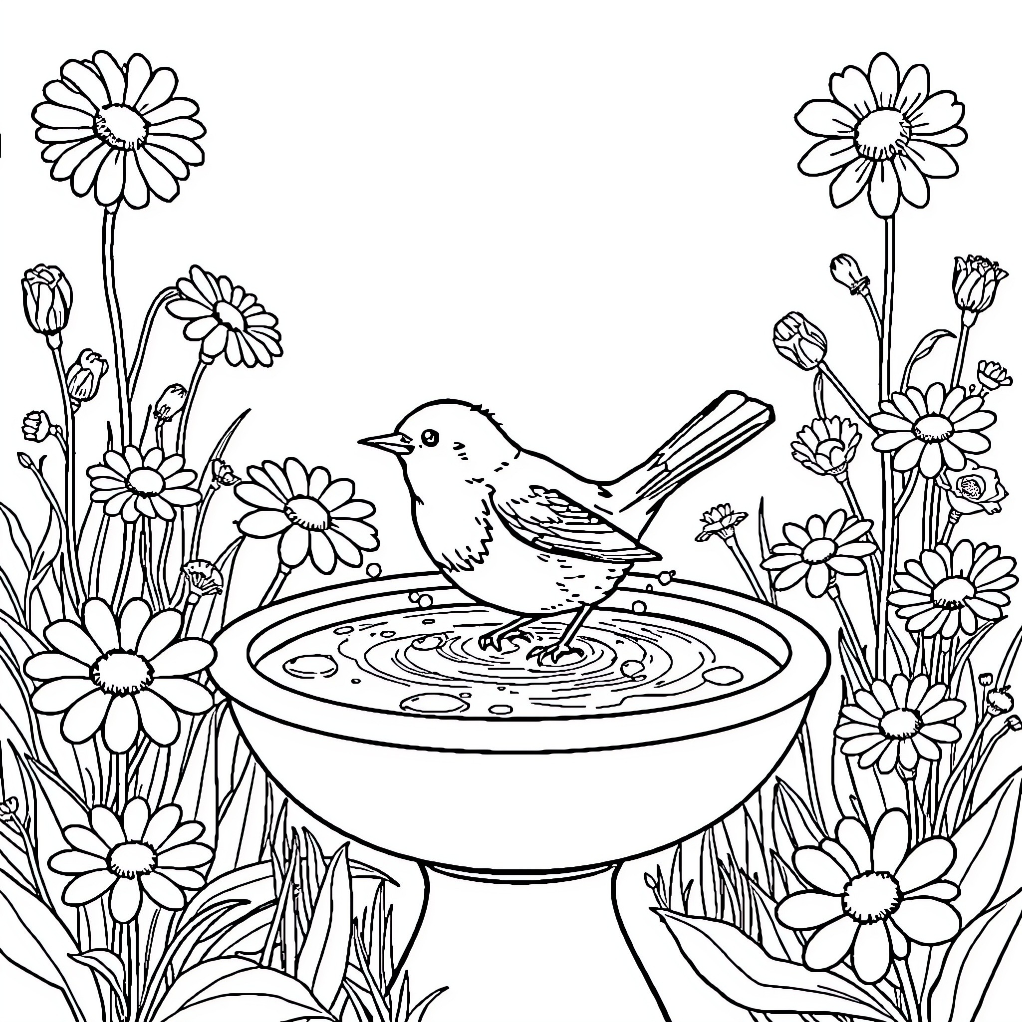 Robin enjoying a birdbath in a flower garden Coloring Page (free black-and-white line drawing printable PDF for all, from beginners to advanced learners, including children, teens, adults, and seniors)