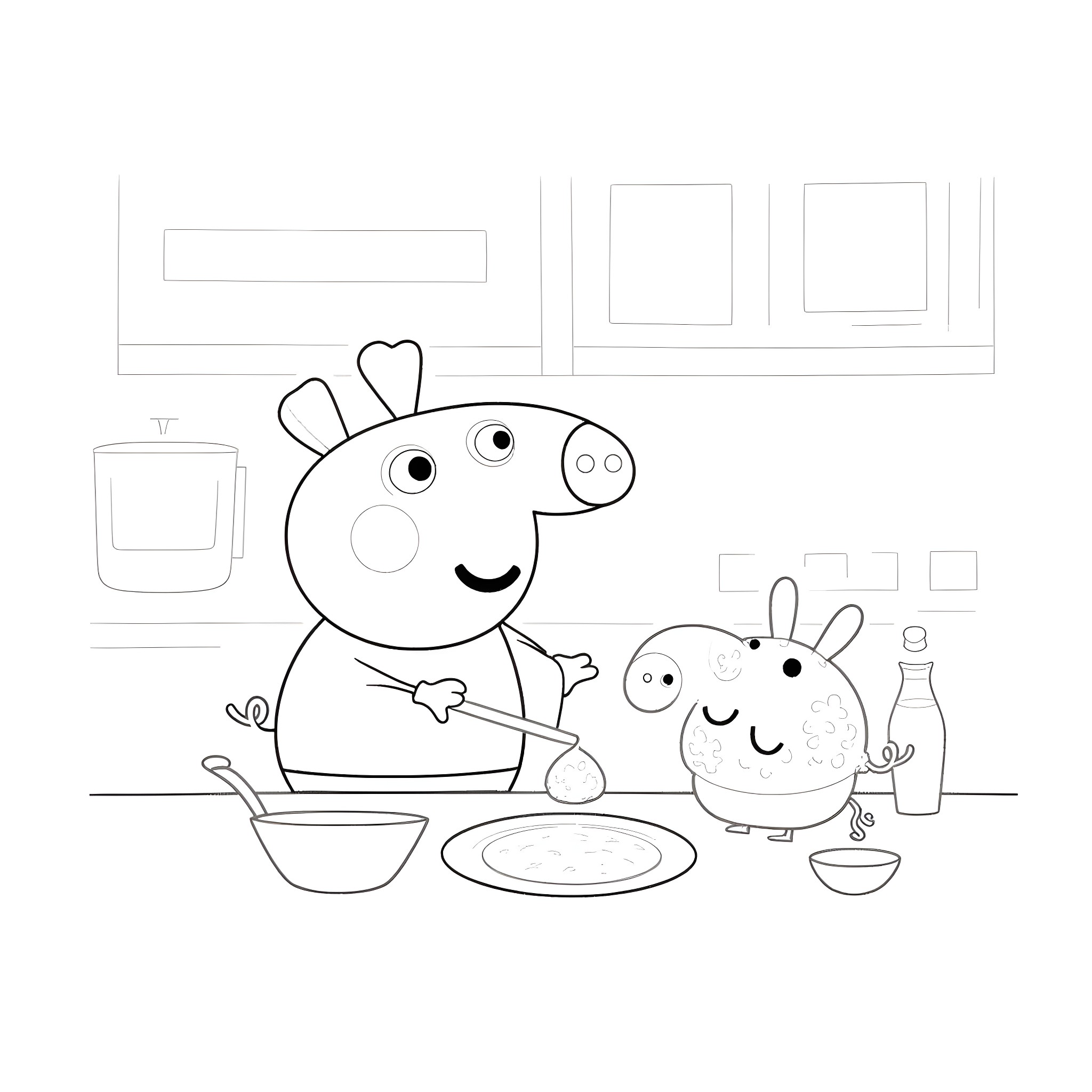 Peppa Pig and friends enjoying a meal together Coloring Page (free black-and-white line drawing printable PDF for all, from beginners to advanced learners, including children, teens, adults, and seniors)