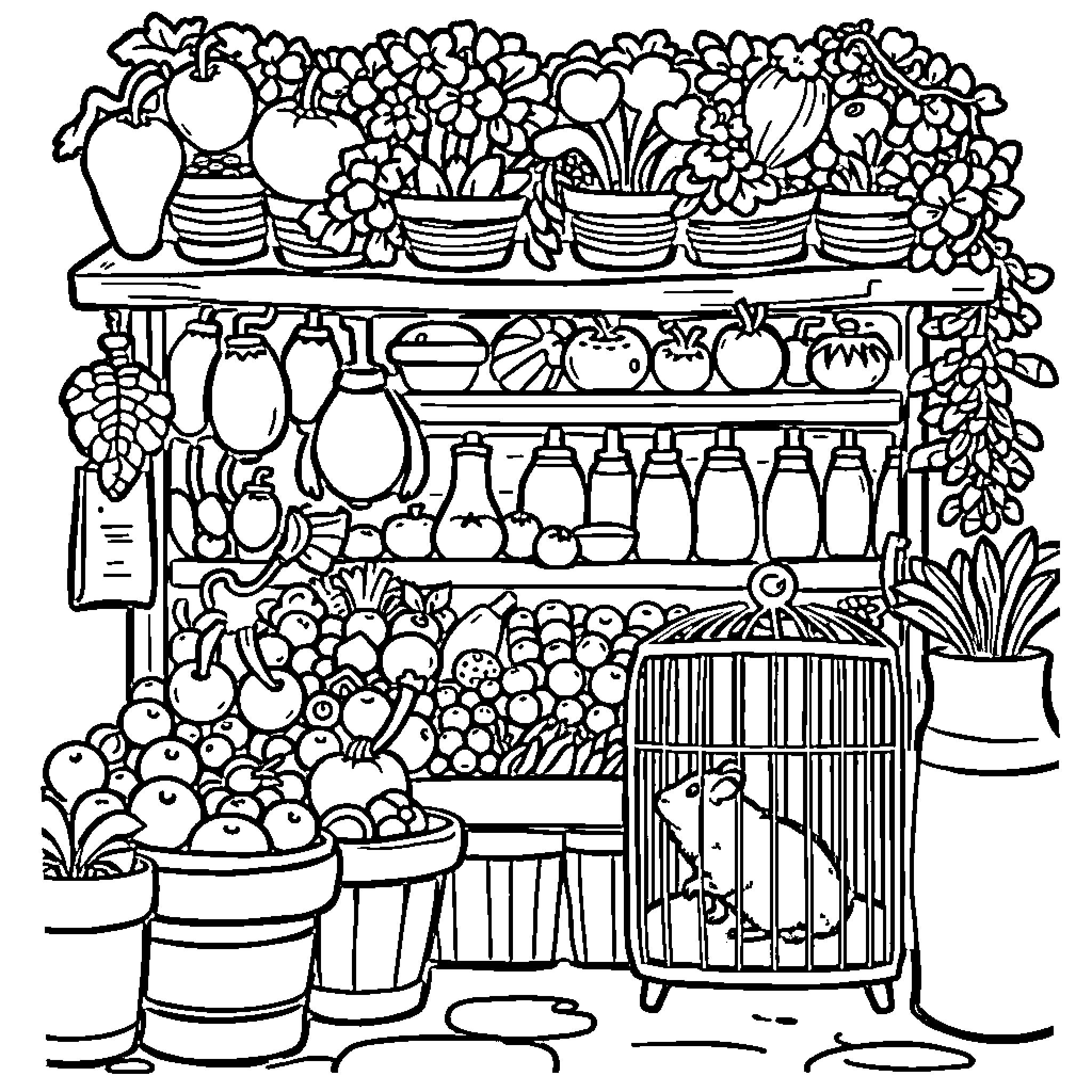 Store Filled with Vibrant Produce and Kitchenware Coloring Page (free black-and-white line drawing printable PDF for all, from beginners to advanced learners, including children, teens, adults, and seniors)