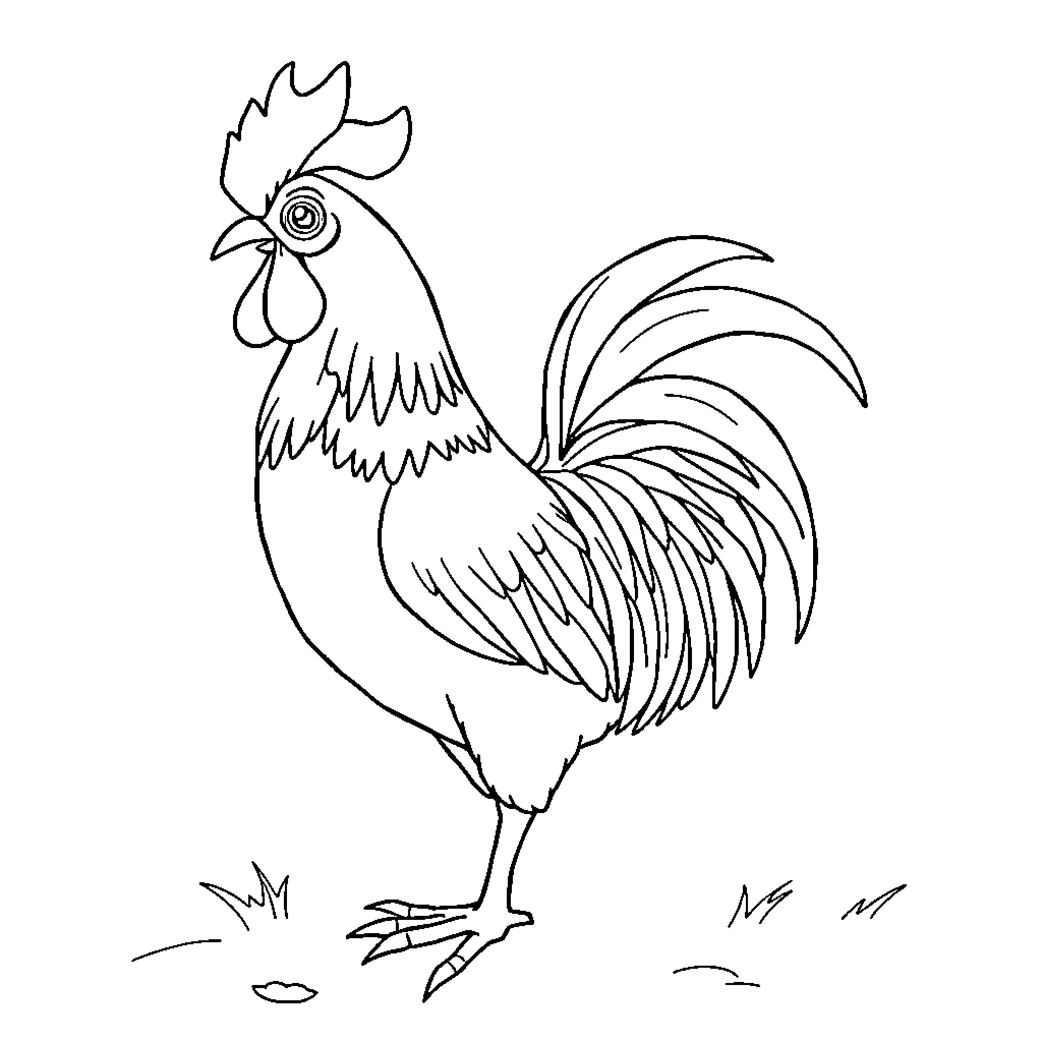 Rooster standing proudly on the ground Coloring Page (free black-and-white line drawing printable PDF for all, from beginners to advanced learners, including children, teens, adults, and seniors)