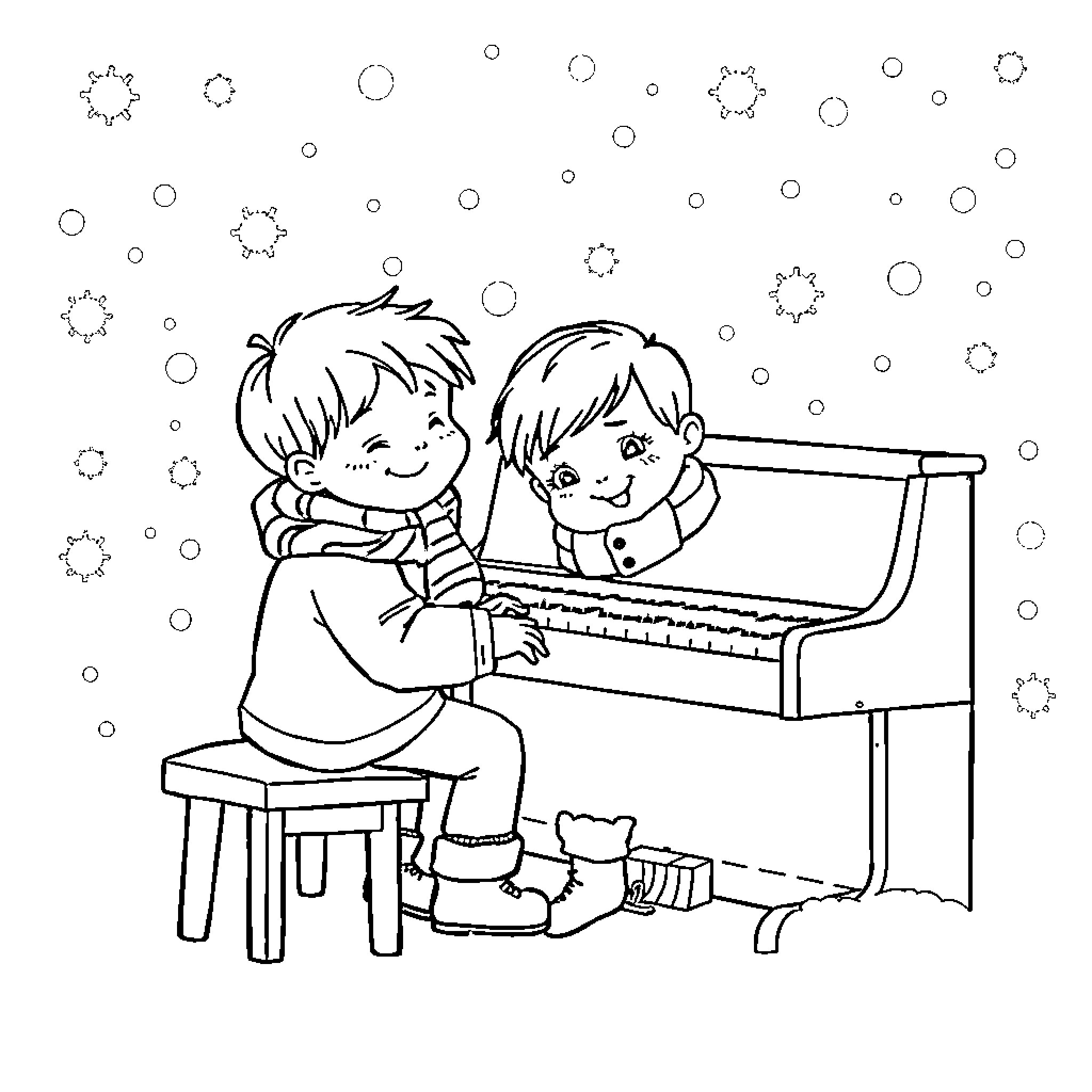 Kid Playing Piano with Friend in the Snow Coloring Page (free black-and-white line drawing printable PDF for all, from beginners to advanced learners, including children, teens, adults, and seniors)