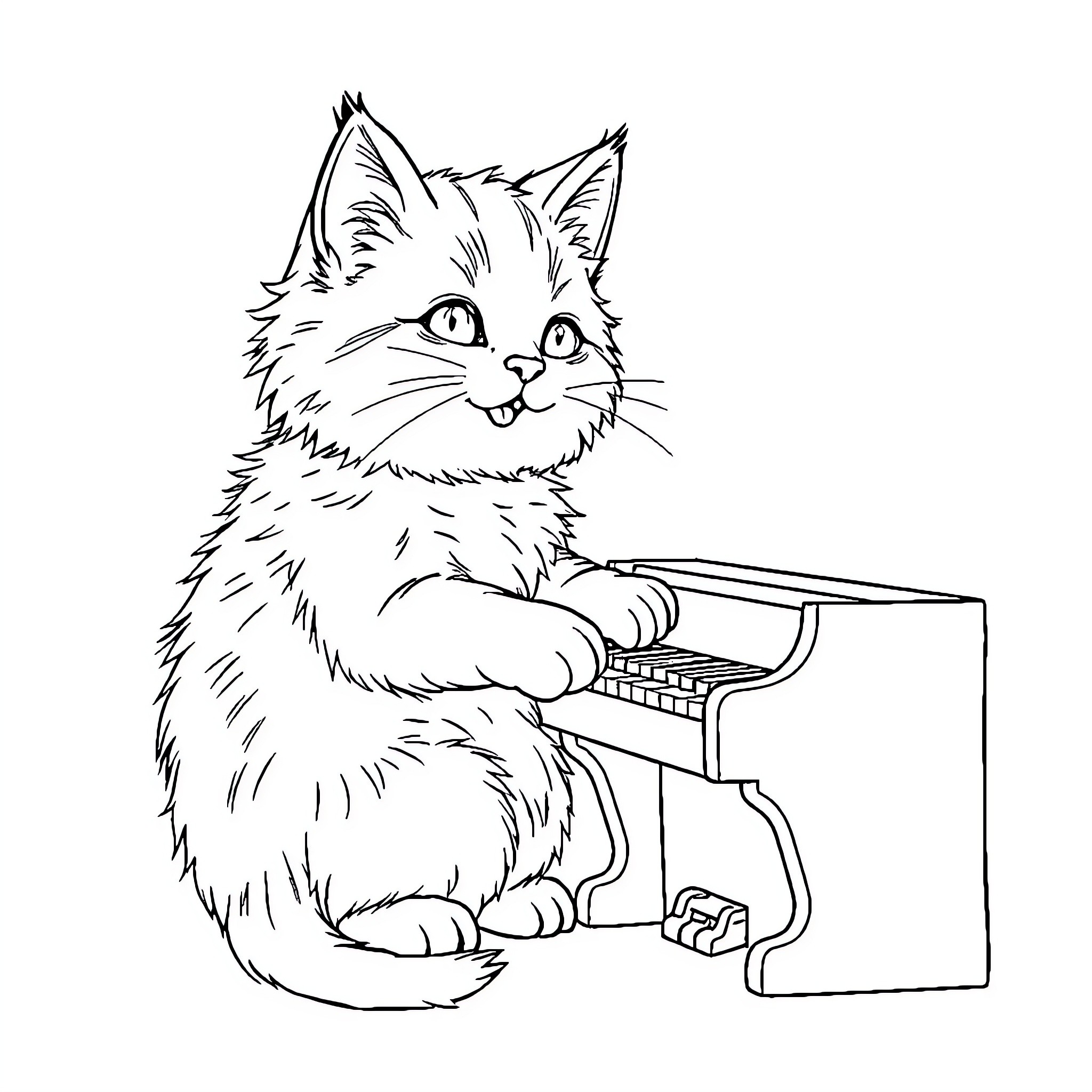 Cat playing with typewriter Coloring Page (free black-and-white line drawing printable PDF for all, from beginners to advanced learners, including children, teens, adults, and seniors)