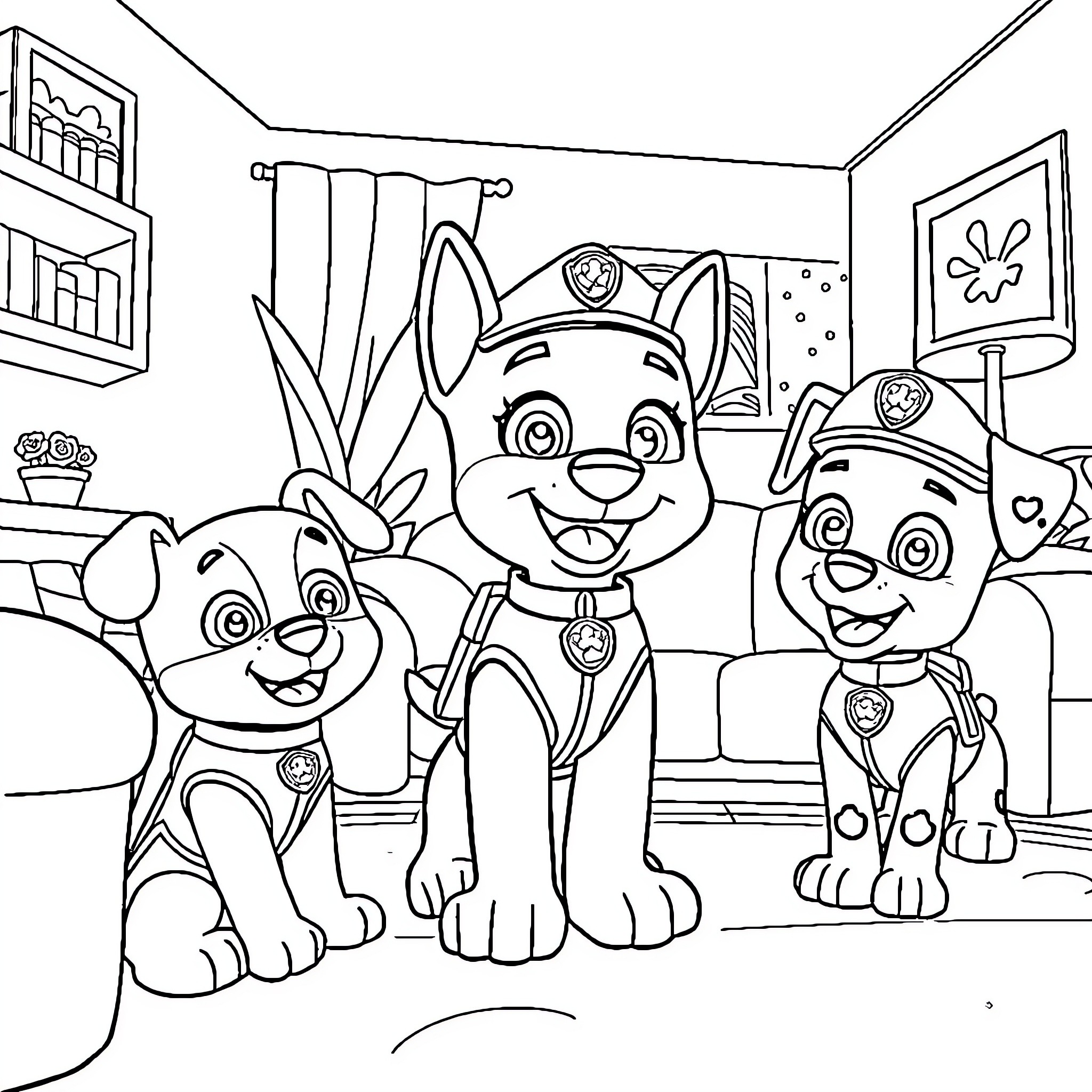 Bluey and Pals Explore the Playroom Coloring Page (free black-and-white line drawing printable PDF for all, from beginners to advanced learners, including children, teens, adults, and seniors)