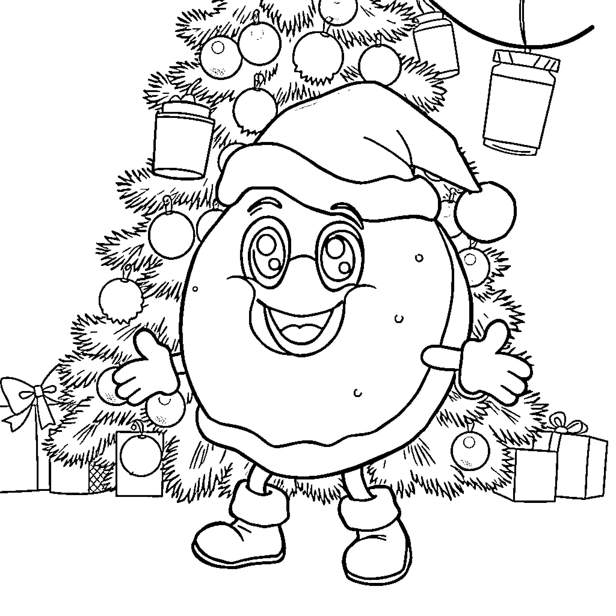 Donut enjoying Christmas festivities with tree and gifts Coloring Page (free black-and-white line drawing printable PDF for all, from beginners to advanced learners, including children, teens, adults, and seniors)