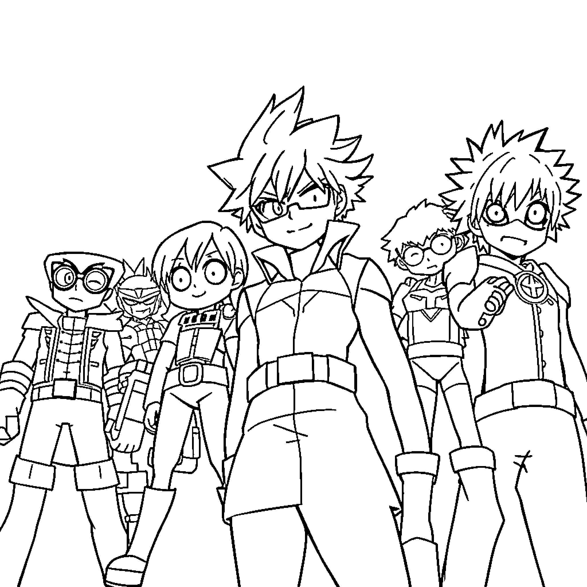 My Hero Academia Characters in Action Poses Coloring Page (free black-and-white line drawing printable PDF for all, from beginners to advanced learners, including children, teens, adults, and seniors)