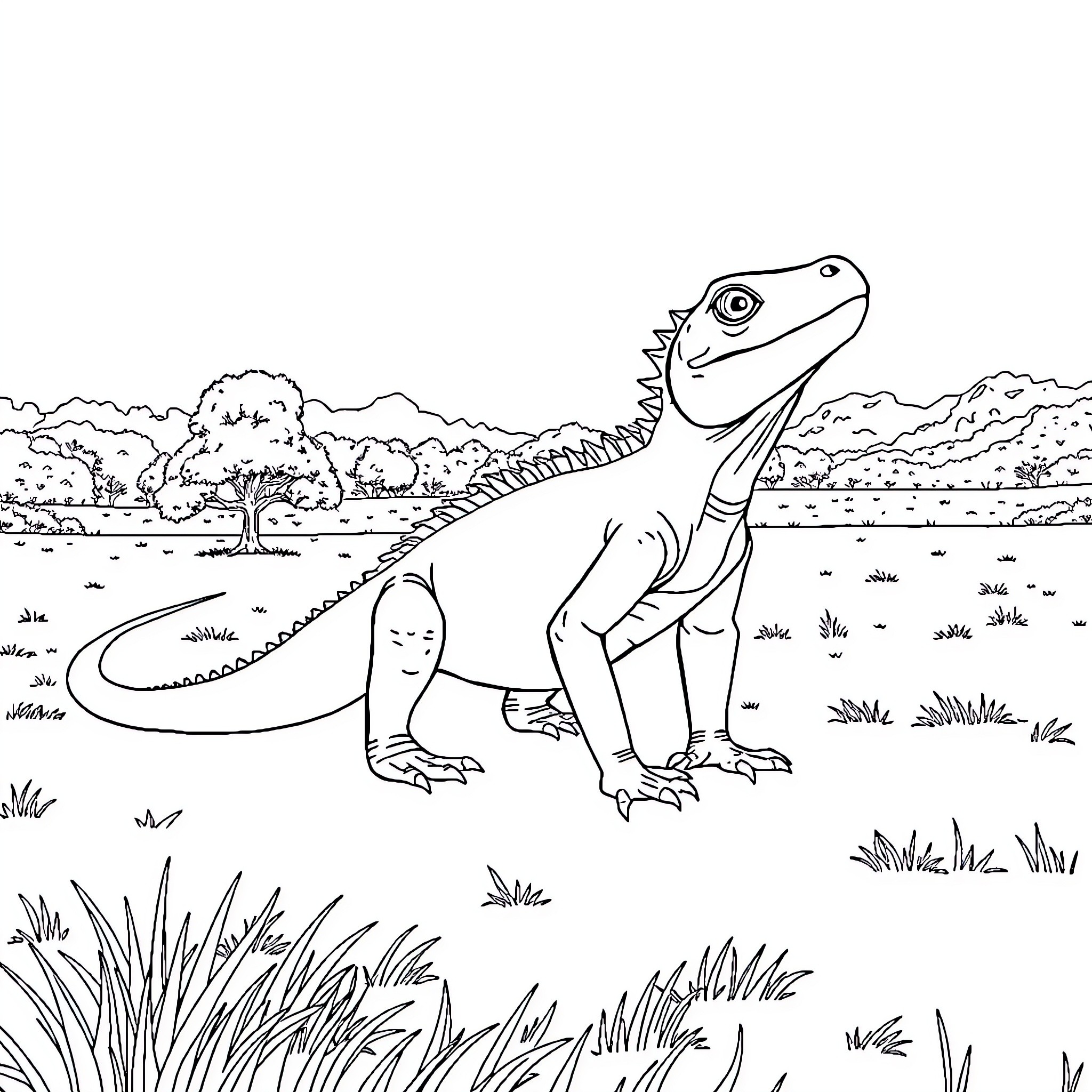 Komodo Dragon exploring the wilderness Coloring Page (free black-and-white line drawing printable PDF for all, from beginners to advanced learners, including children, teens, adults, and seniors)