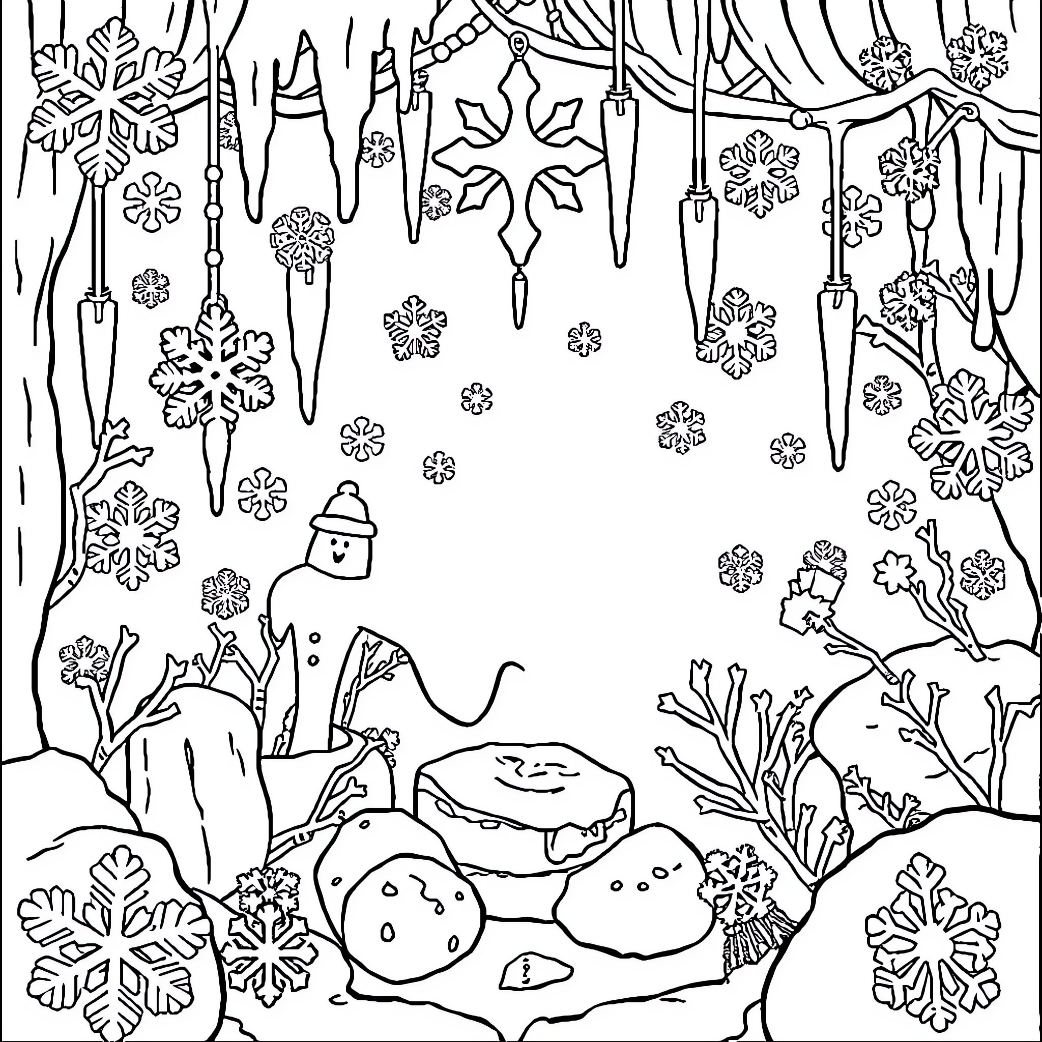 Frozen Winter Wonderland with Whimsical Decorations Coloring Page (free black-and-white line drawing printable PDF for all, from beginners to advanced learners, including children, teens, adults, and seniors)
