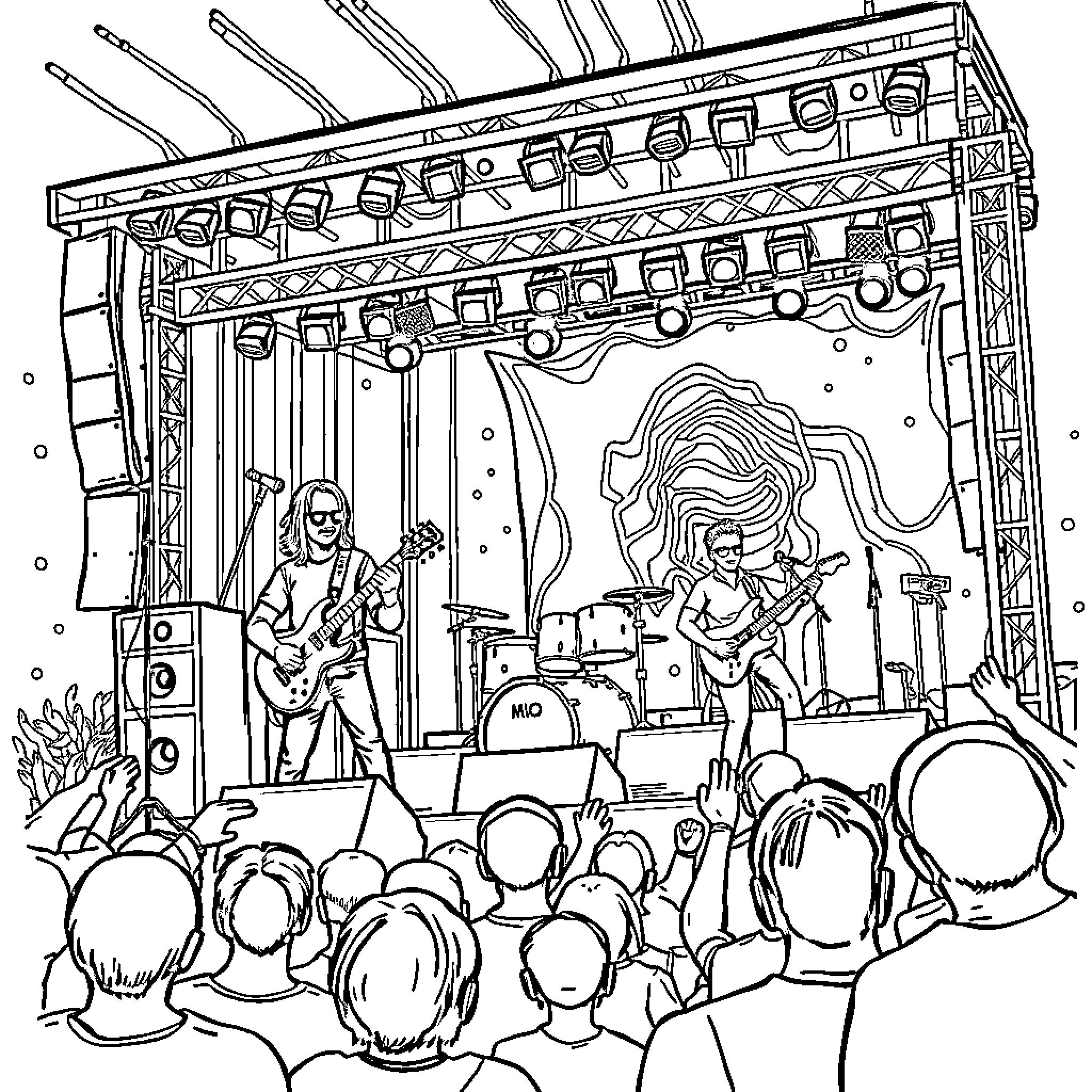 Band performing on stage with energetic crowd Coloring Page (free black-and-white line drawing printable PDF for all, from beginners to advanced learners, including children, teens, adults, and seniors)