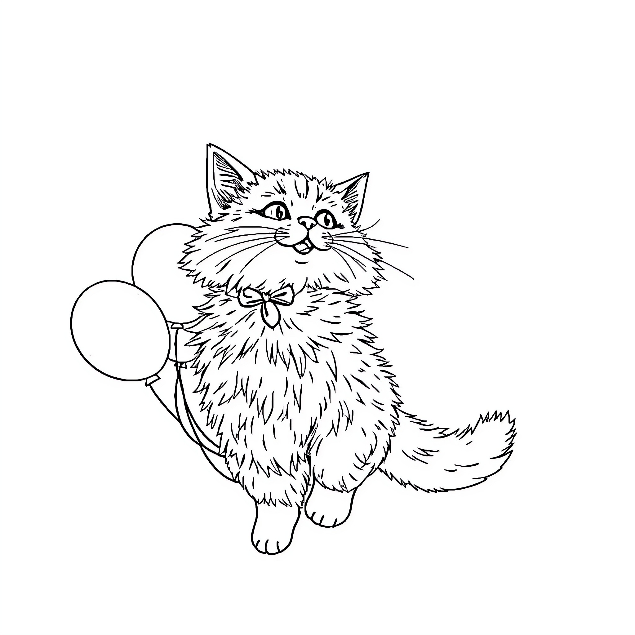 Cat holding a balloon Coloring Page (free black-and-white line drawing printable PDF for all, from beginners to advanced learners, including children, teens, adults, and seniors)