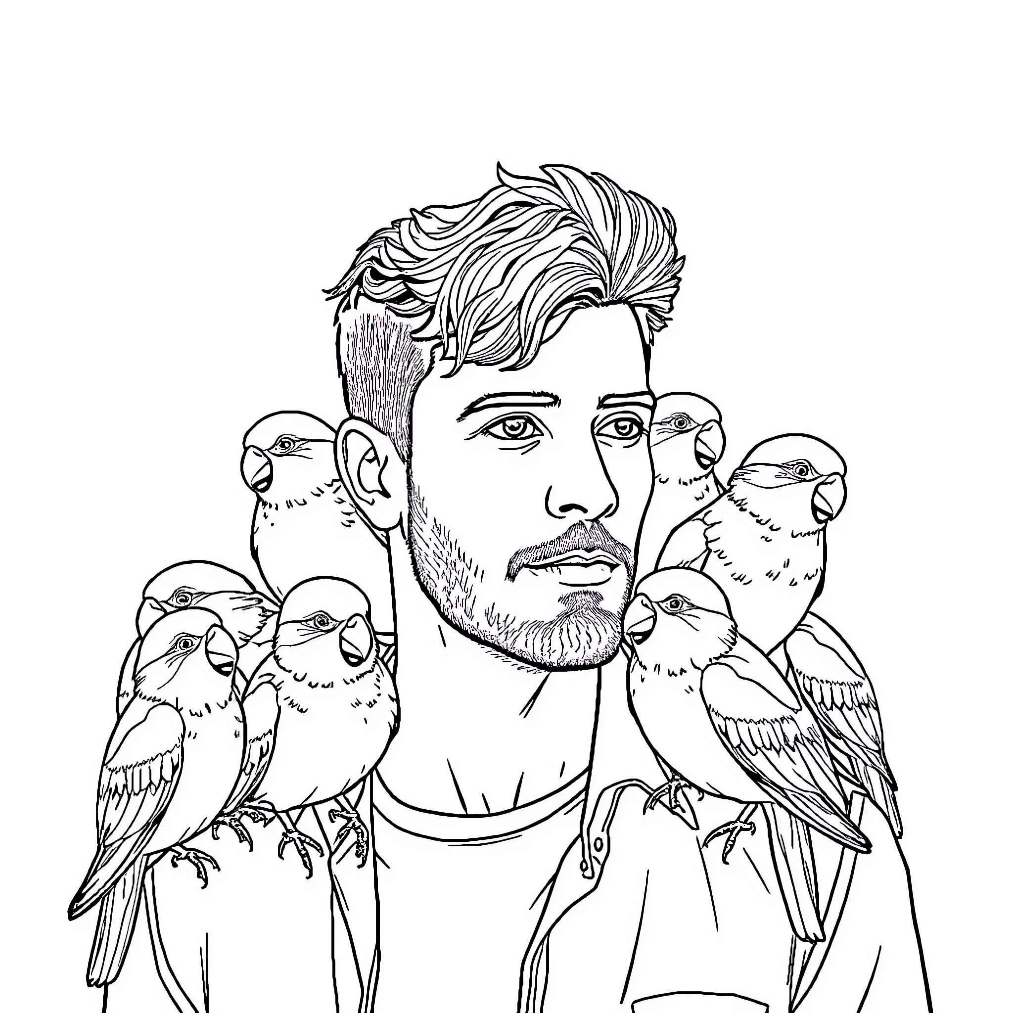 Man surrounded by curious birds Coloring Page (free black-and-white line drawing printable PDF for all, from beginners to advanced learners, including children, teens, adults, and seniors)