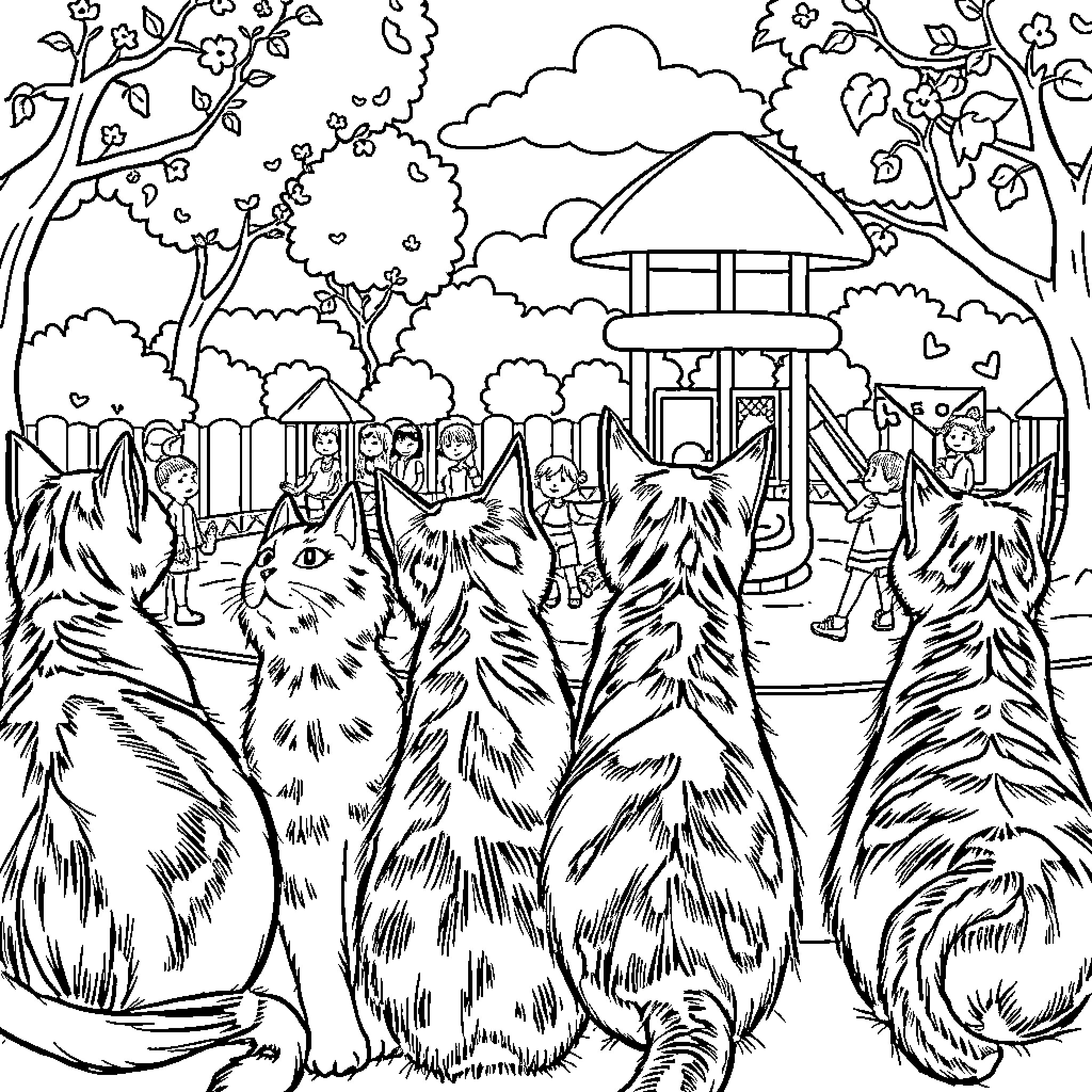 Cat Festival in the Forest Coloring Page (free black-and-white line drawing printable PDF for all, from beginners to advanced learners, including children, teens, adults, and seniors)