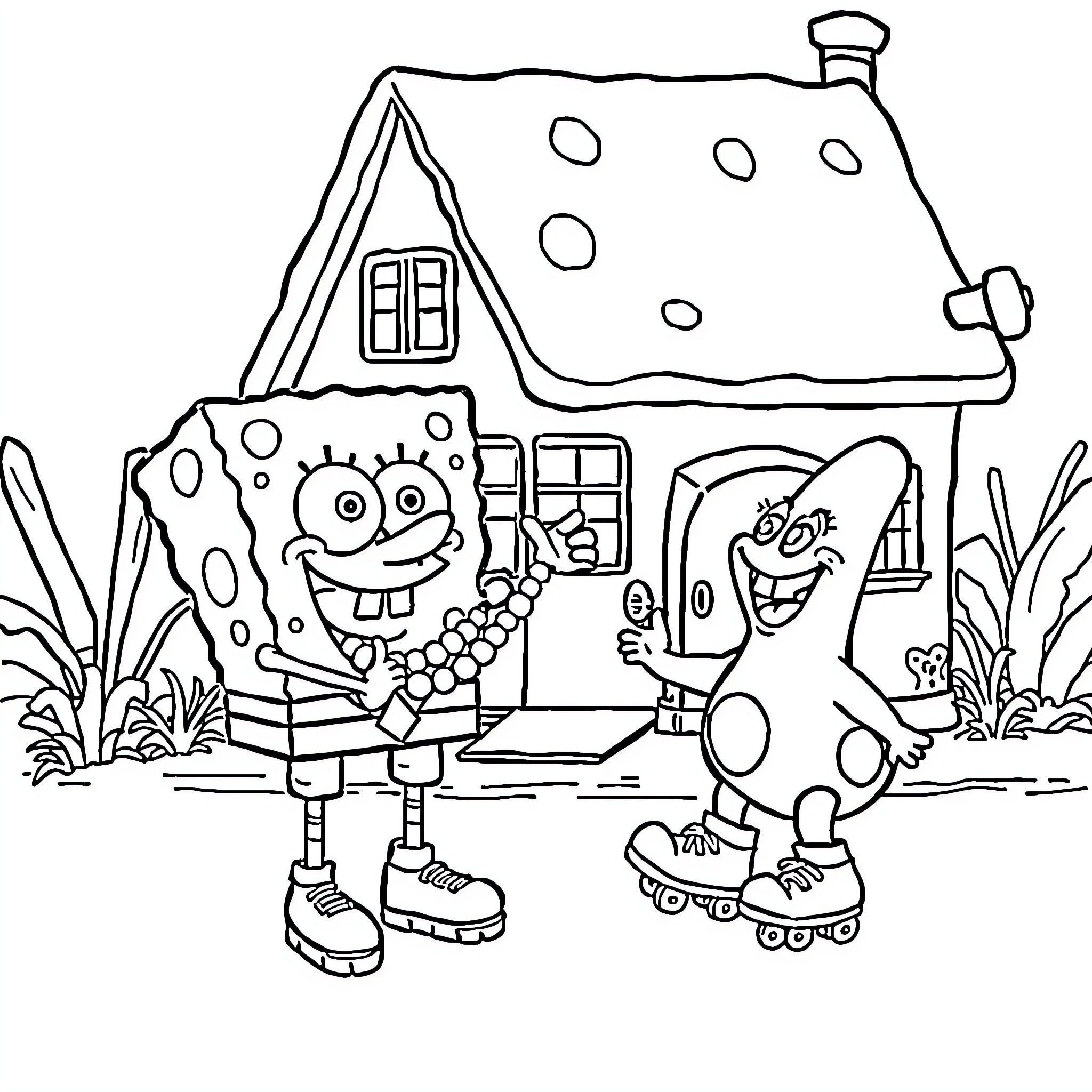 Spongebob and friends playing outside the pineapple house Coloring Page (free black-and-white line drawing printable PDF for all, from beginners to advanced learners, including children, teens, adults, and seniors)
