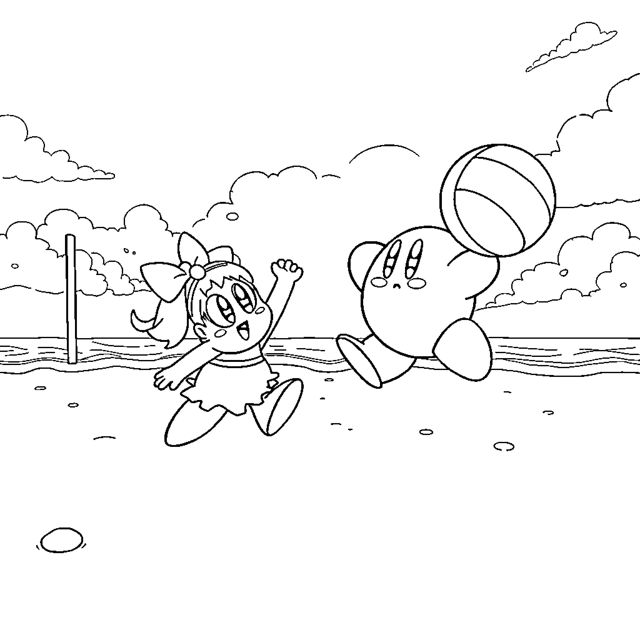 Kirby and friends playing at the beach Coloring Page (free black-and-white line drawing printable PDF for all, from beginners to advanced learners, including children, teens, adults, and seniors)