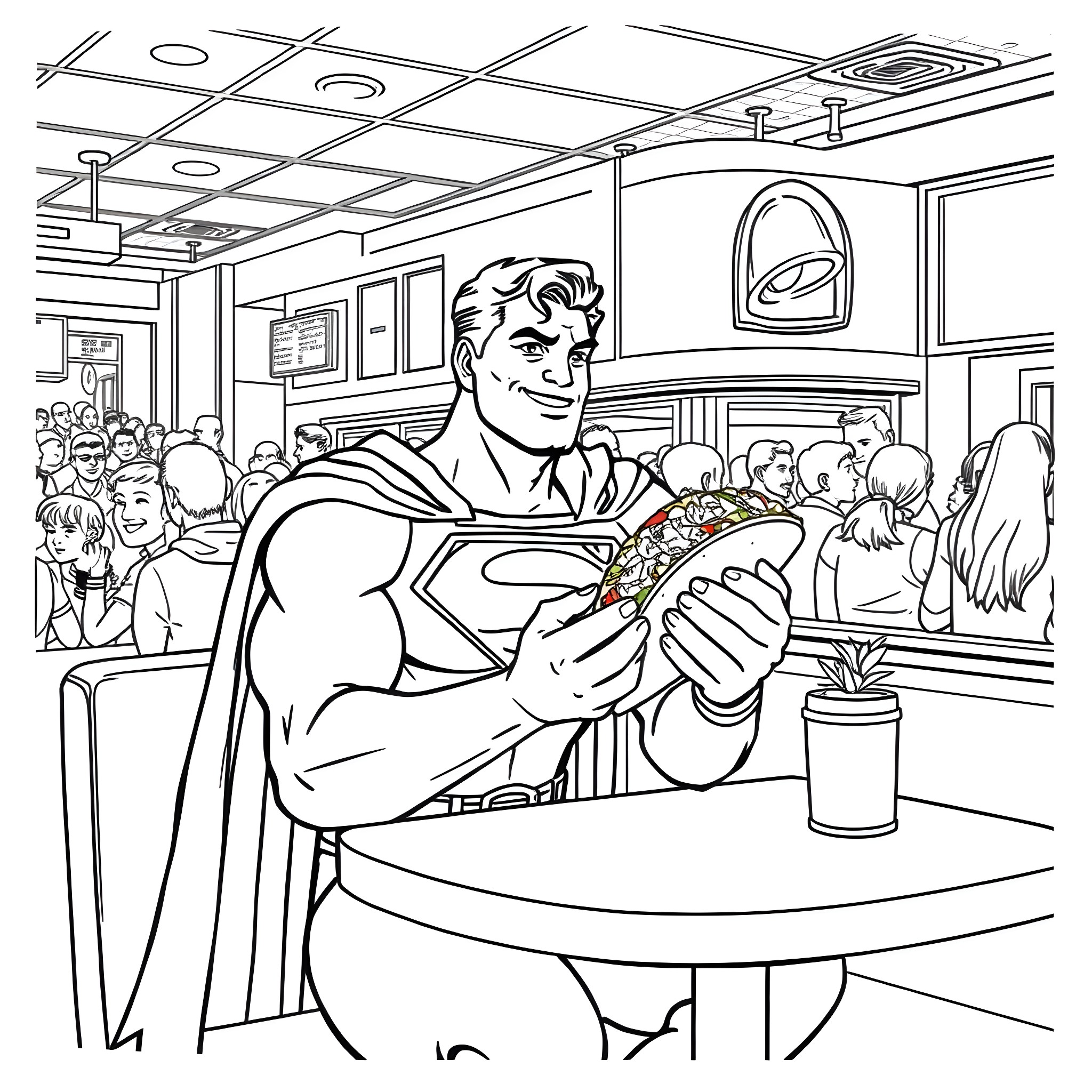 Superman enjoying a casual moment in a crowded café Coloring Page (free black-and-white line drawing printable PDF for all, from beginners to advanced learners, including children, teens, adults, and seniors)