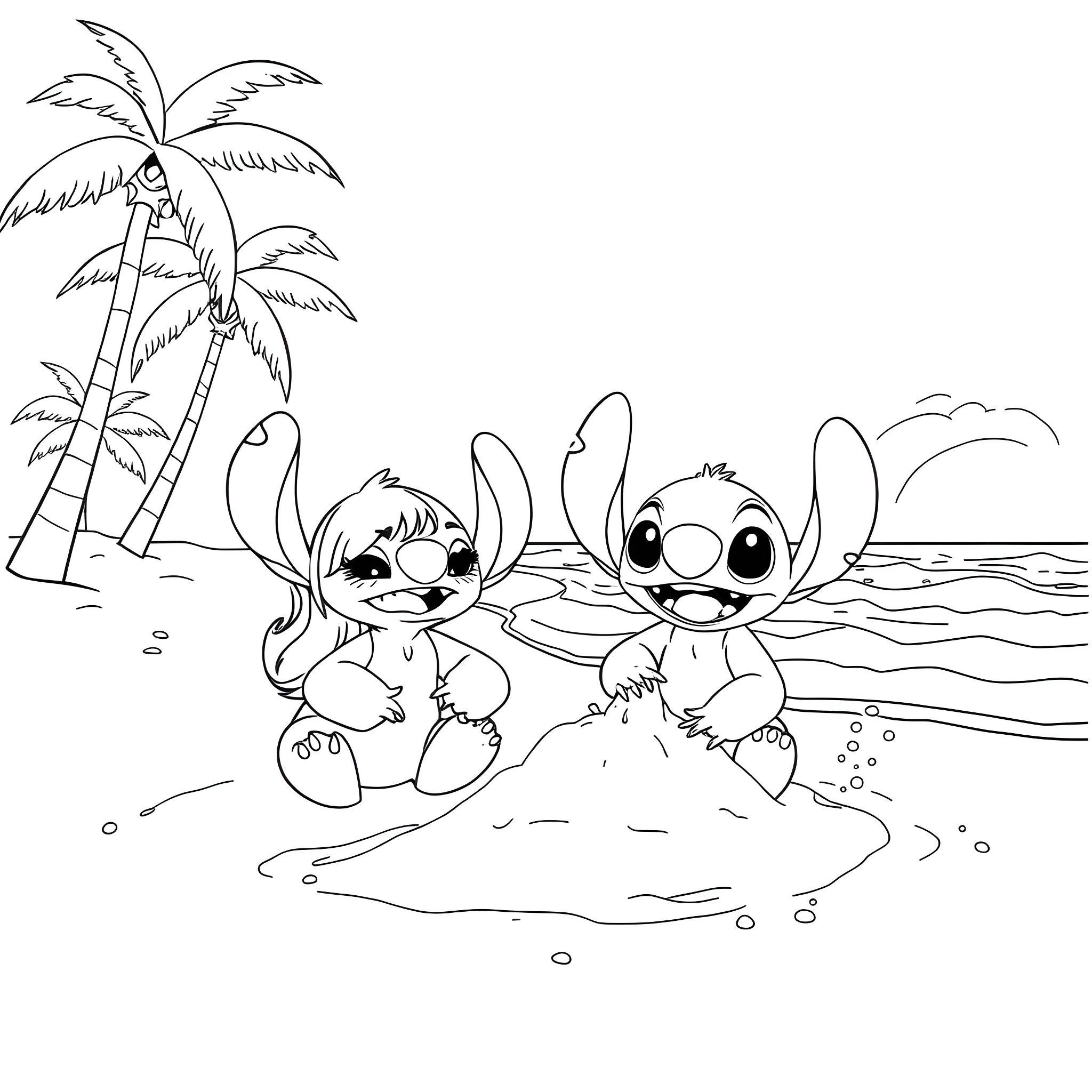 Lilo and Stitch playing together on the beach Coloring Page (free black-and-white line drawing printable PDF for all, from beginners to advanced learners, including children, teens, adults, and seniors)