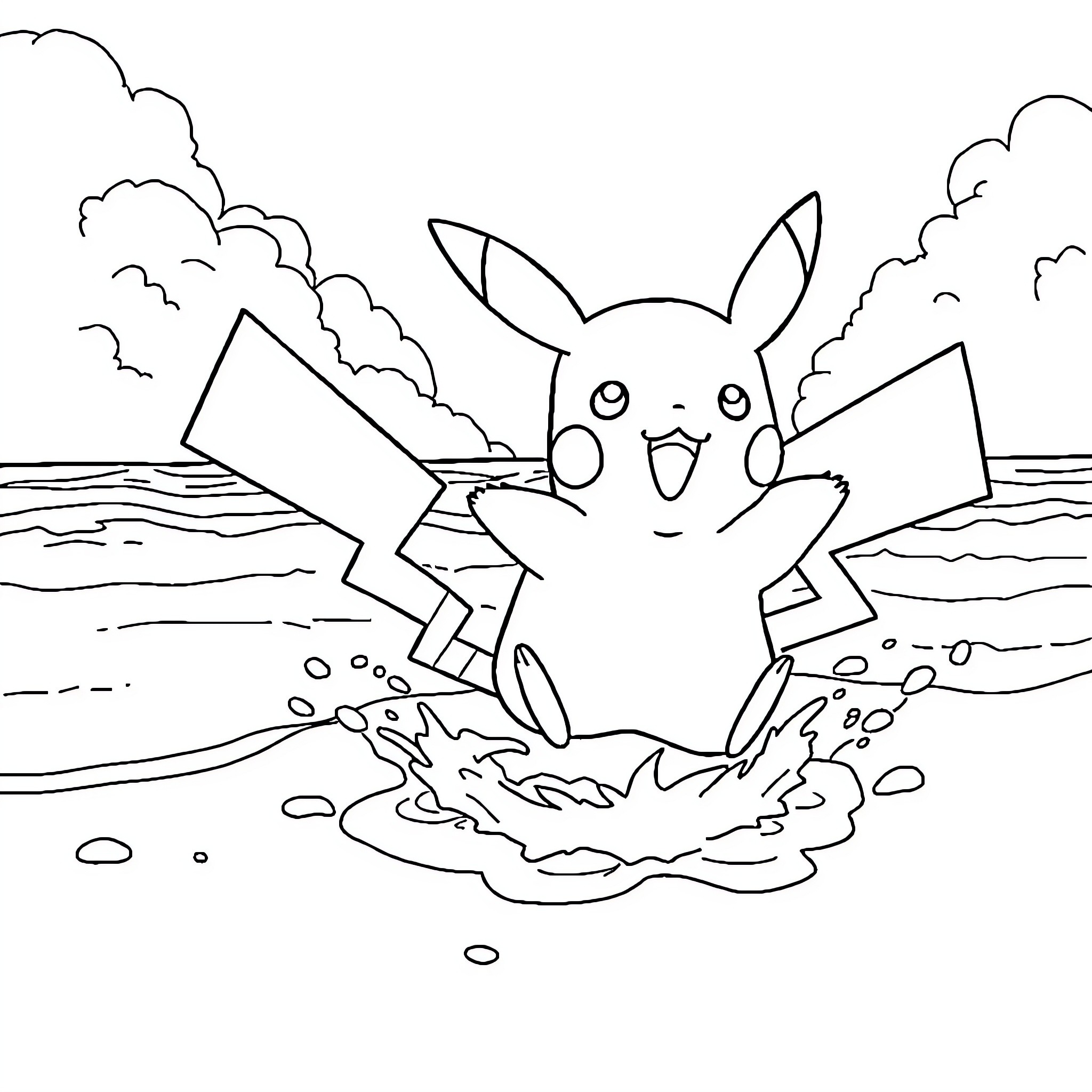 Pikachu playing in a puddle near the shore Coloring Page (free black-and-white line drawing printable PDF for all, from beginners to advanced learners, including children, teens, adults, and seniors)