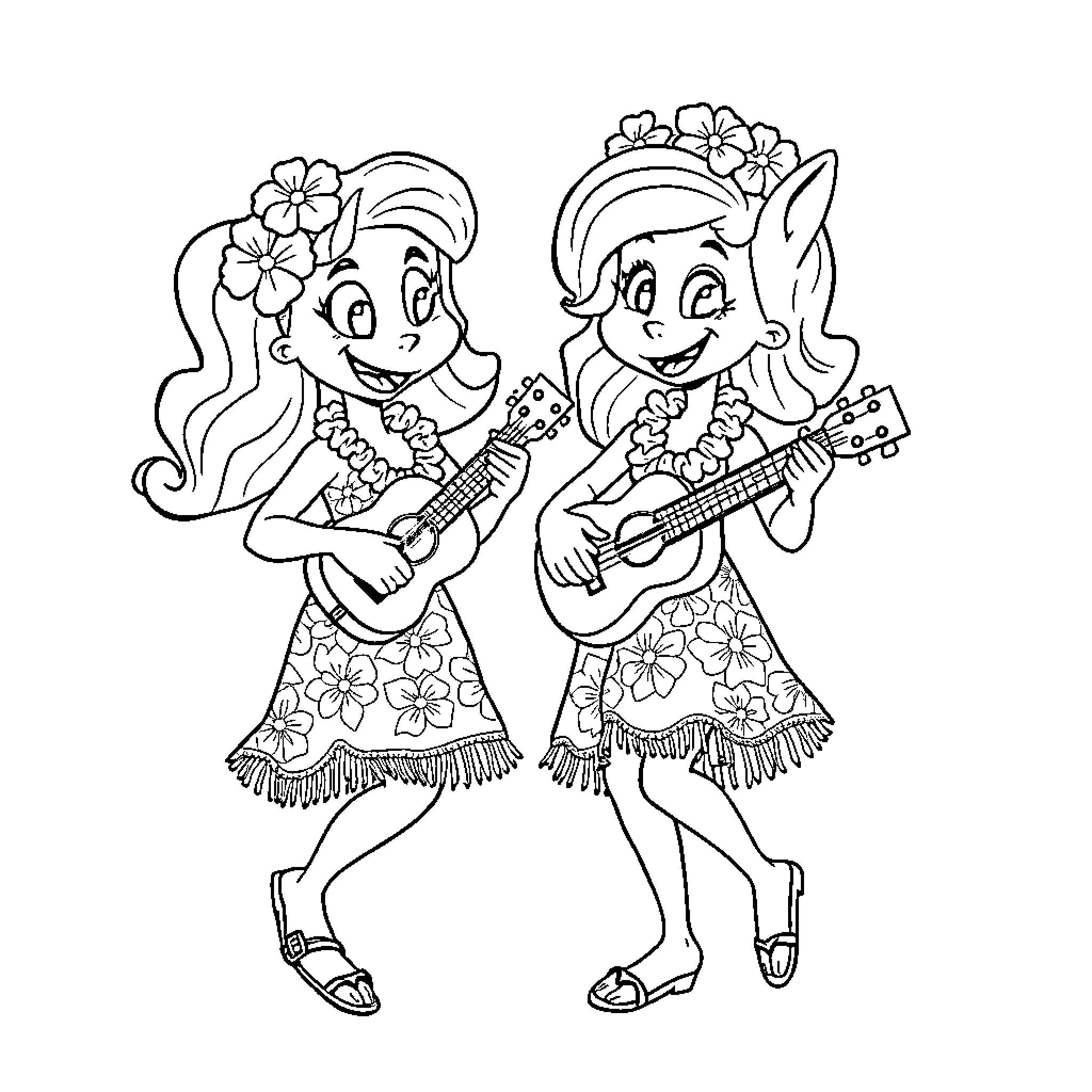 Bluey sisters playing music joyfully Coloring Page (free black-and-white line drawing printable PDF for all, from beginners to advanced learners, including children, teens, adults, and seniors)
