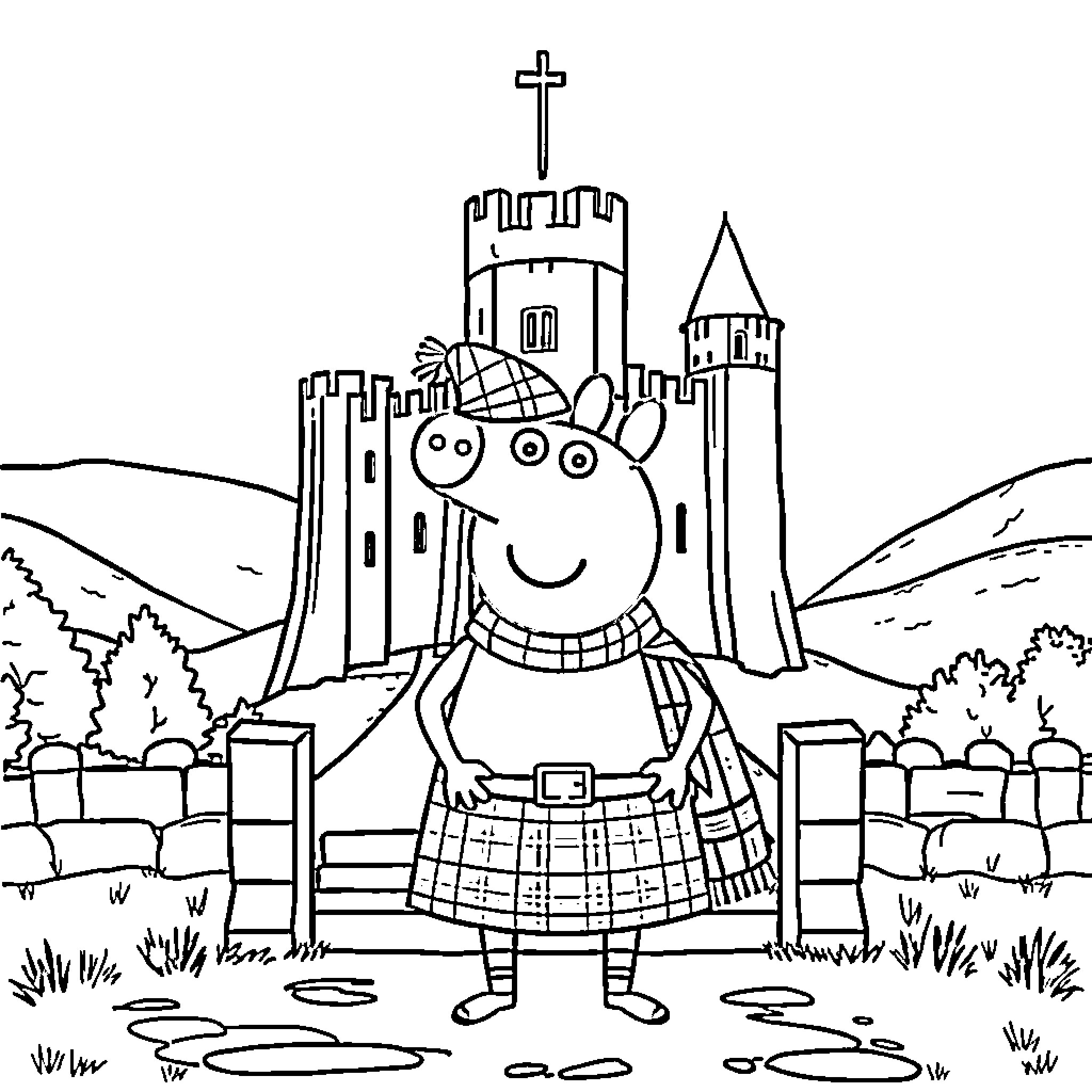 Peppa Pig visits a castle Coloring Page (free black-and-white line drawing printable PDF for all, from beginners to advanced learners, including children, teens, adults, and seniors)